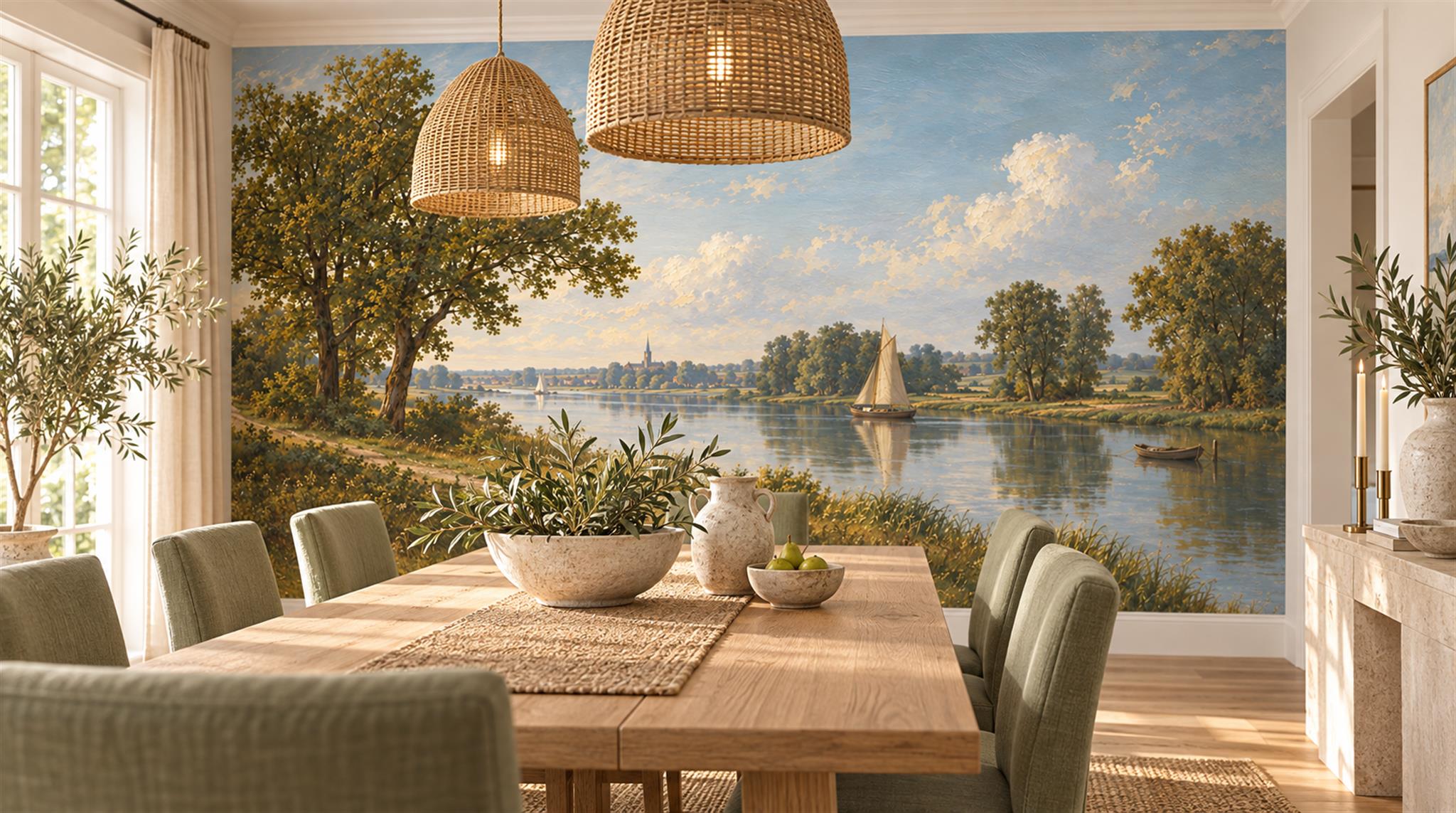 Blue And Neutral A Lakeside View Wallpaper Mural Dining-room-wallpaper-murals, Shown In A Dining Room, Peel-and-stick Finish