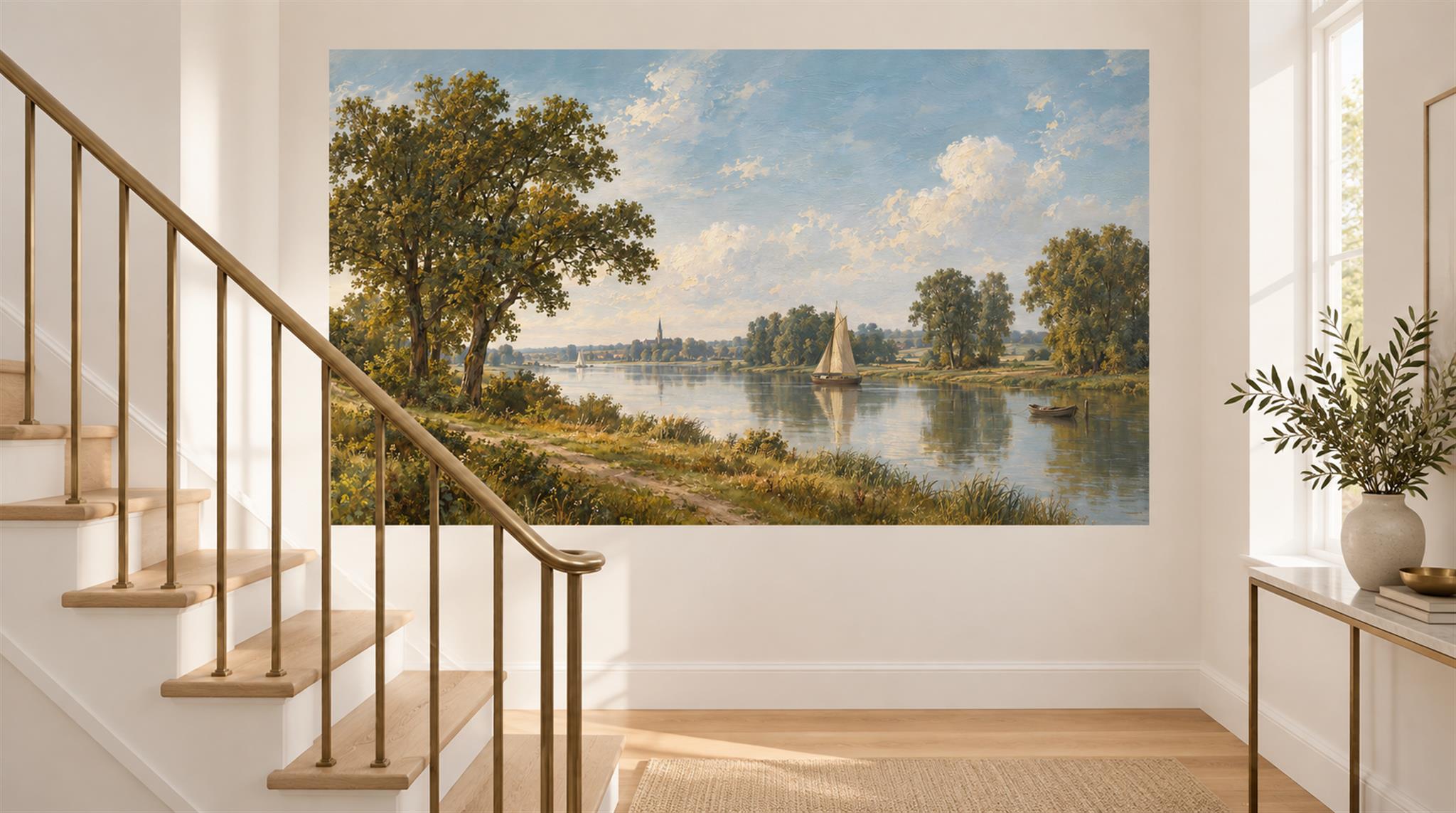 Blue And Neutral A Lakeside View Wallpaper Mural, Peel-and-stick Finish