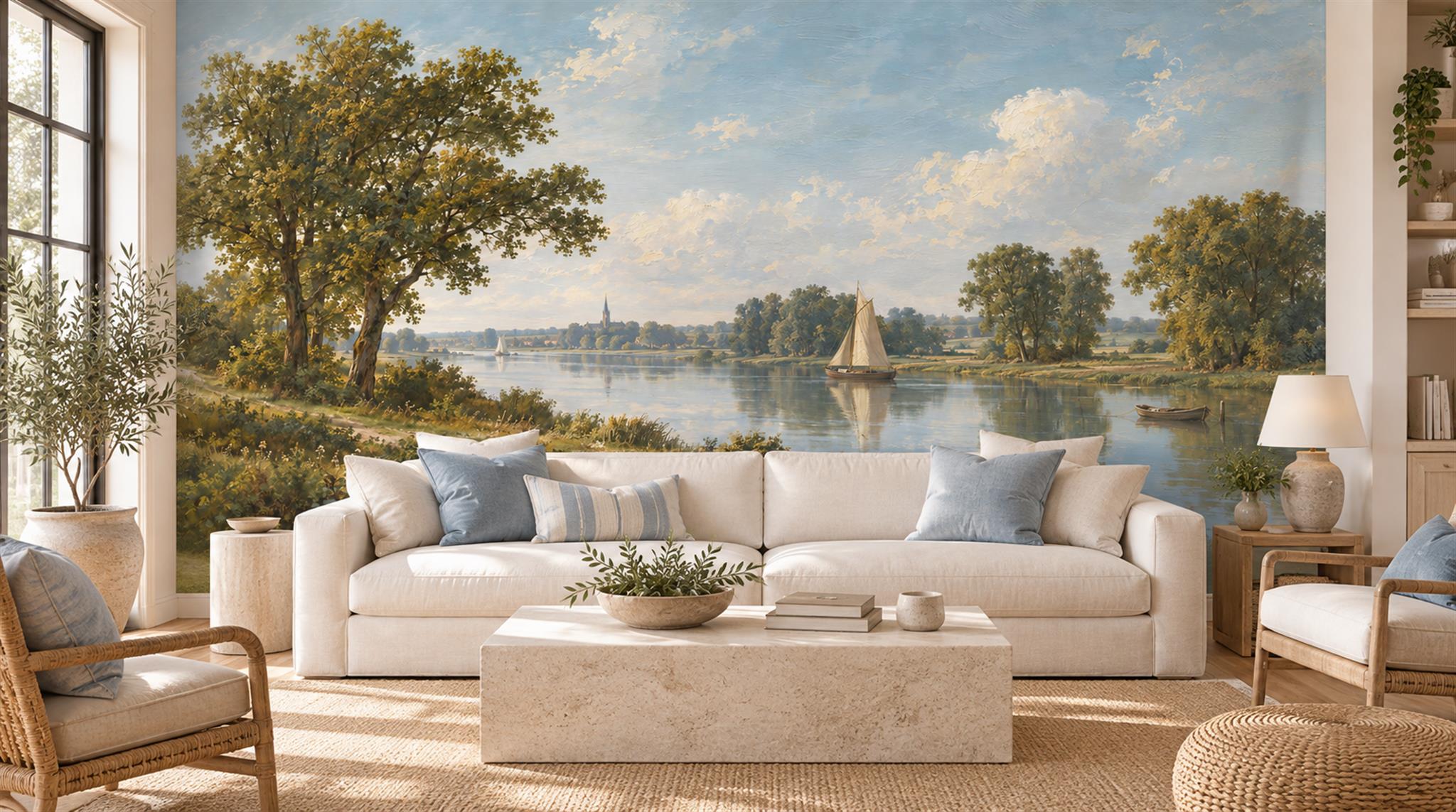 Blue And Neutral A Lakeside View Wallpaper Mural Living-room-wallpaper-murals, Shown In A Living Room, Peel-and-stick Finish