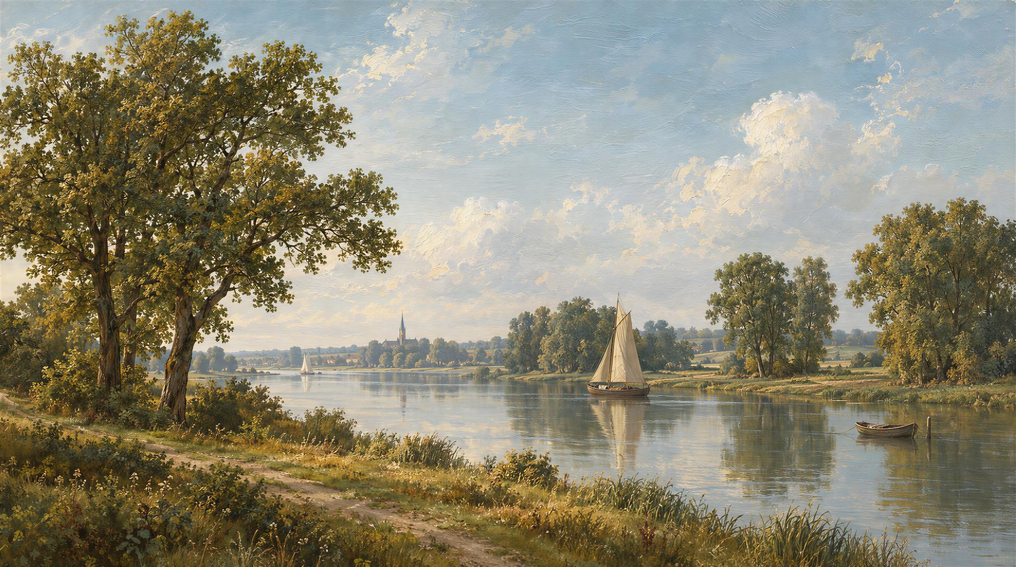 Sailboats On A Tree-lined River Beneath A Blue Sky Wallpaper Mural — Wallpaper Mural Design, Peel-and-stick Finish