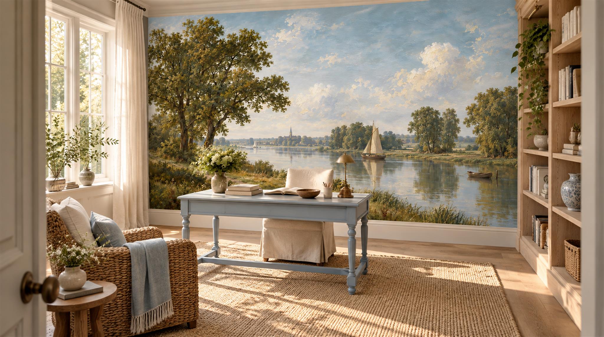 Blue And Neutral A Lakeside View Wallpaper Mural Library-wallpaper-murals, Peel-and-stick Finish