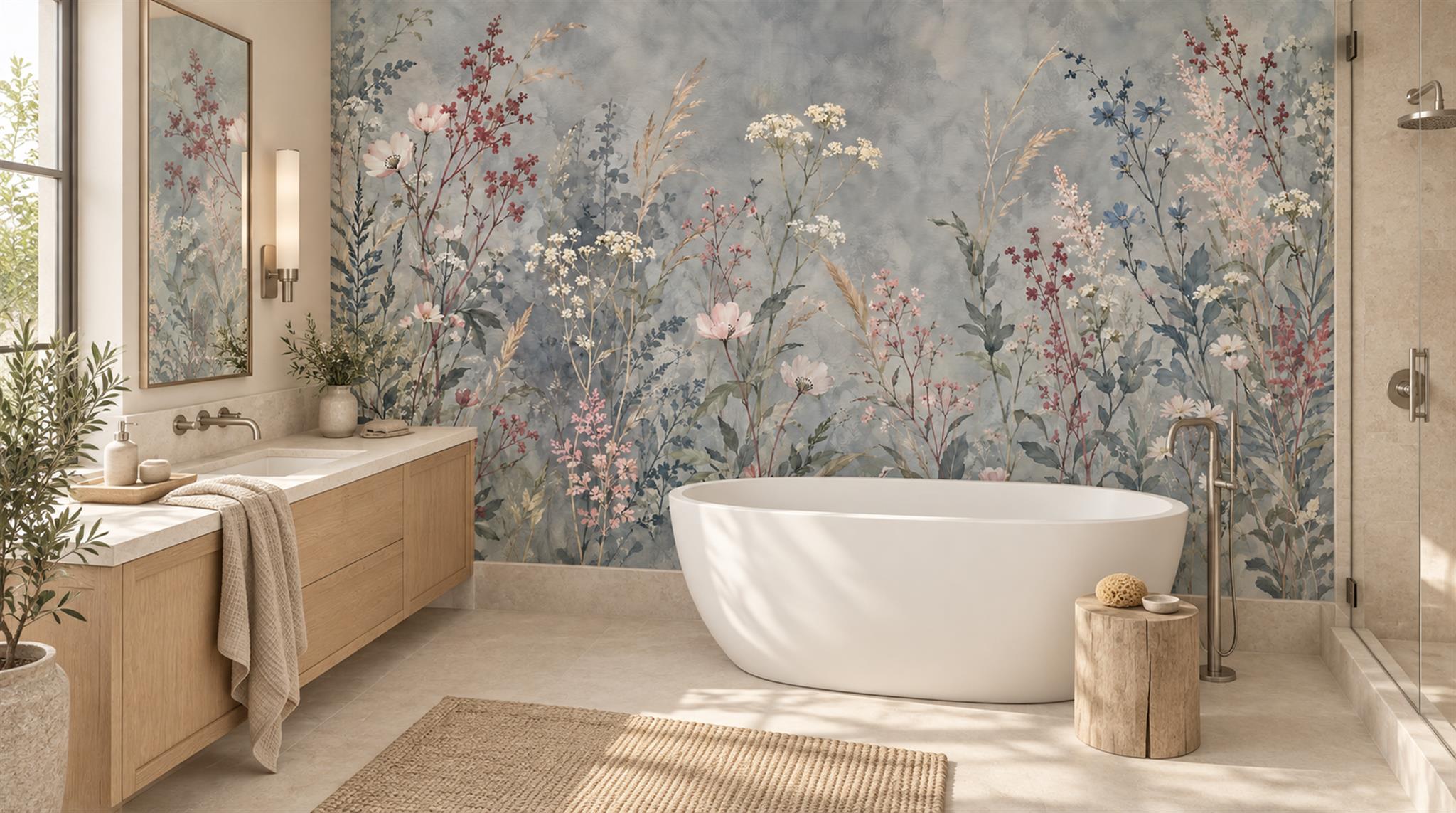 Blue And Neutral Floral Forms Wallpaper Mural Accent-wall-wallpaper-murals, Peel-and-stick Finish