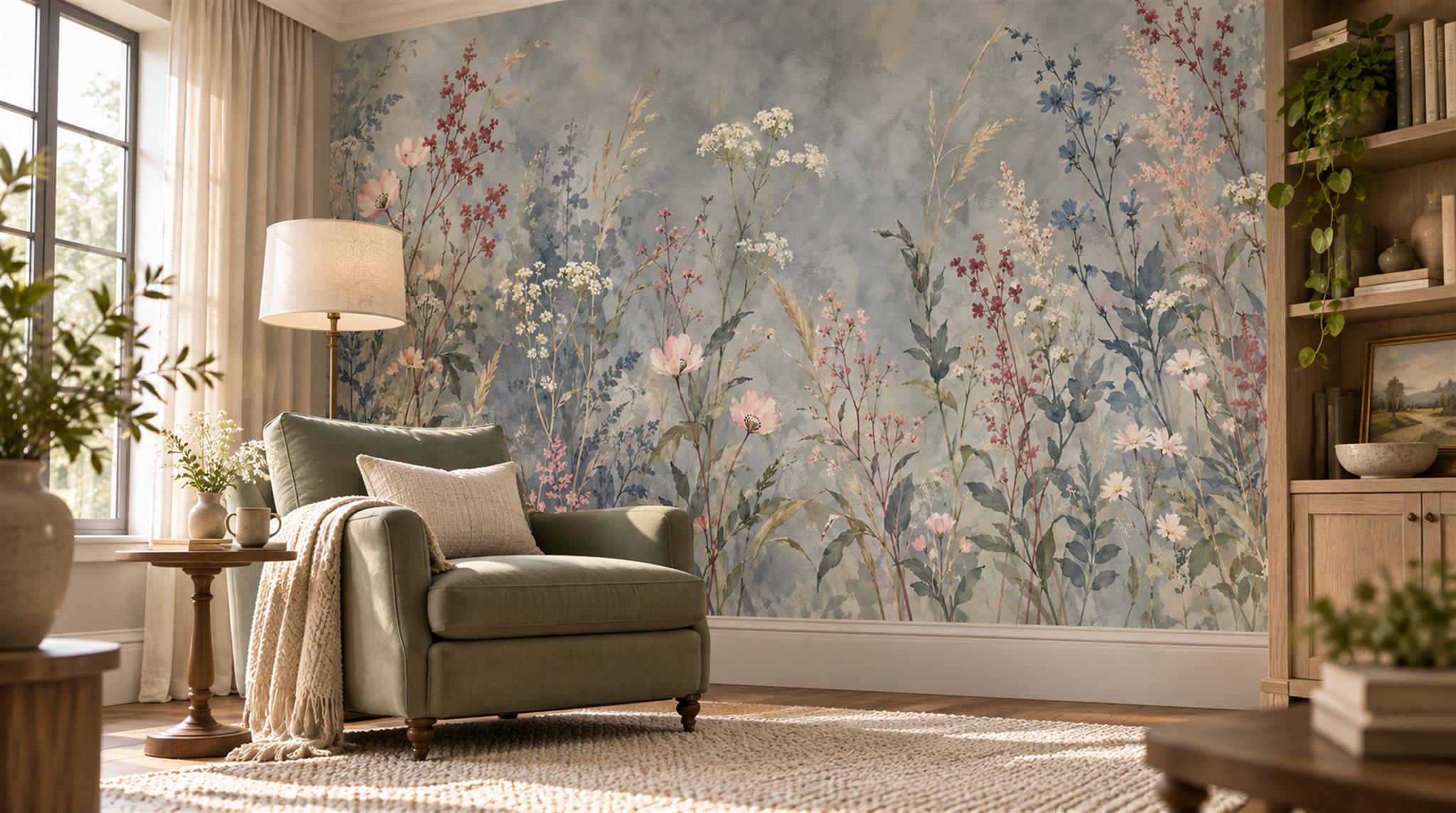 Blue And Neutral Floral Forms Wallpaper Mural Accent-wall-wallpaper-murals, Peel-and-stick Finish