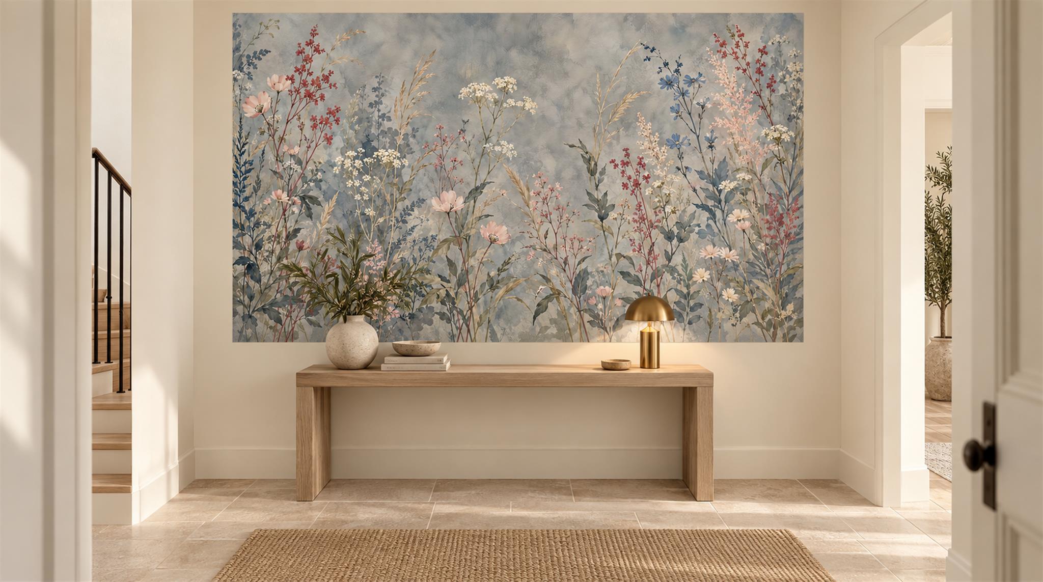 Blue And Neutral Floral Forms Wallpaper Mural Entryway-wallpaper-murals, Peel-and-stick Finish