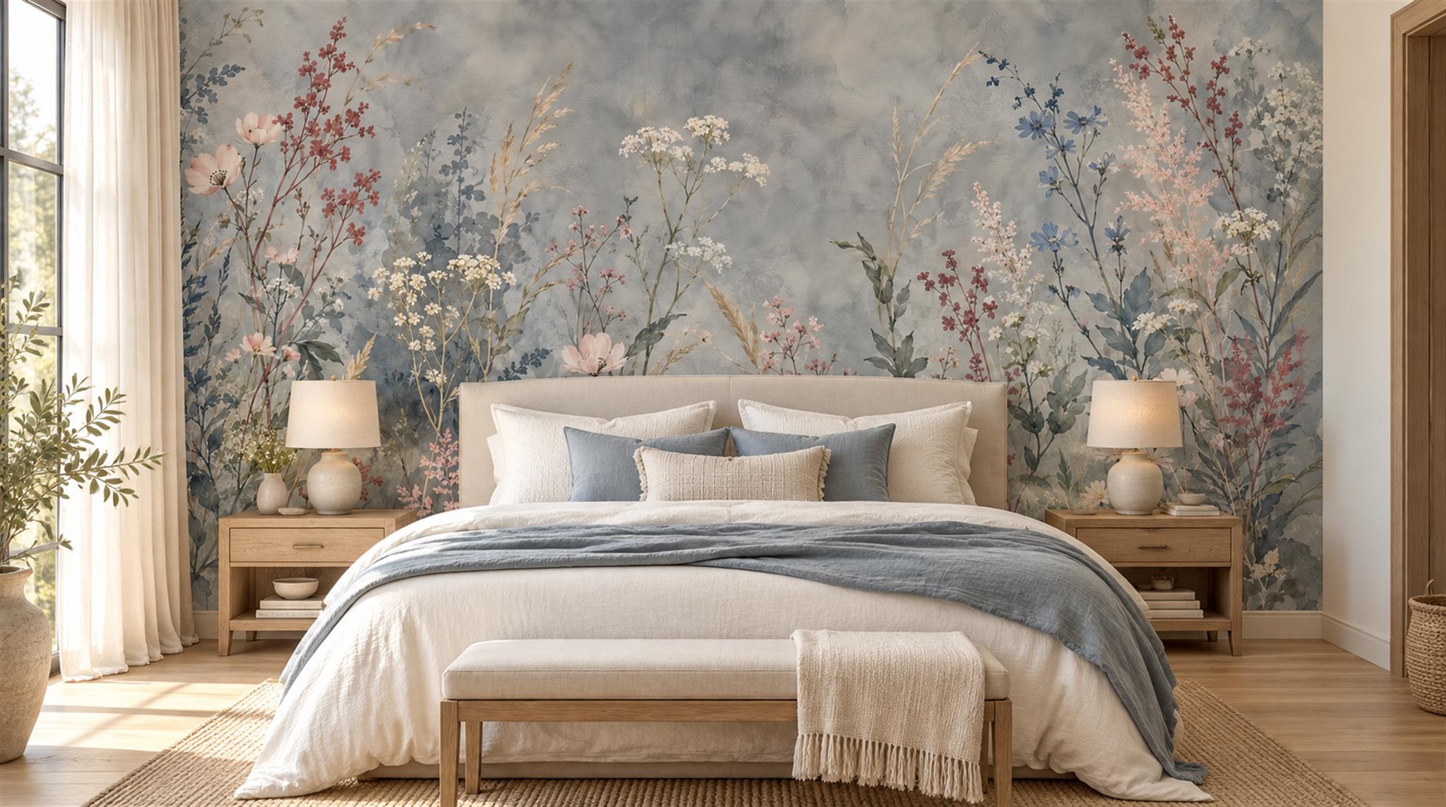 Blue And Neutral Floral Forms Wallpaper Mural Bedroom-wallpaper-murals, Peel-and-stick Finish