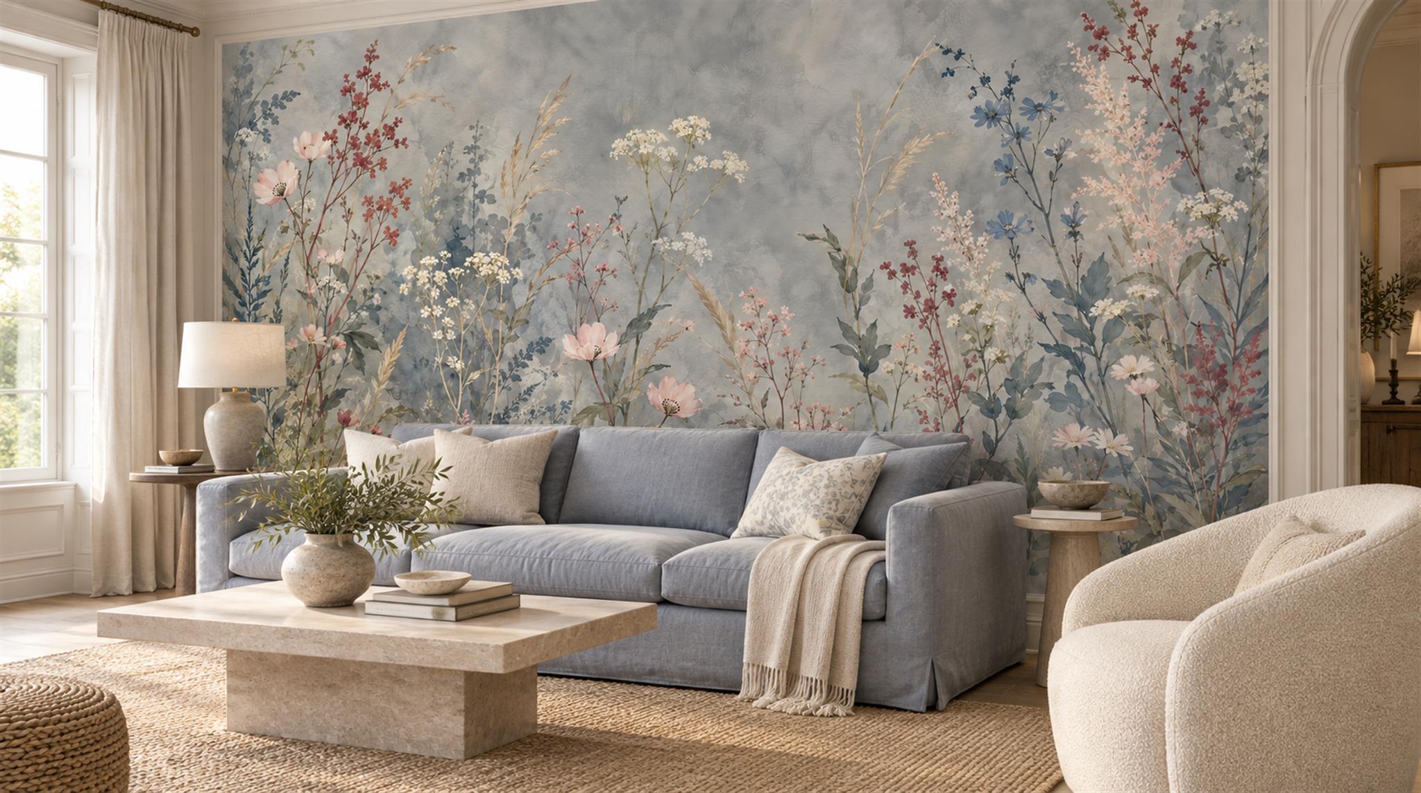 Blue And Neutral Floral Forms Wallpaper Mural Living-room-wallpaper-murals, Shown In A Living Room, Peel-and-stick Finish