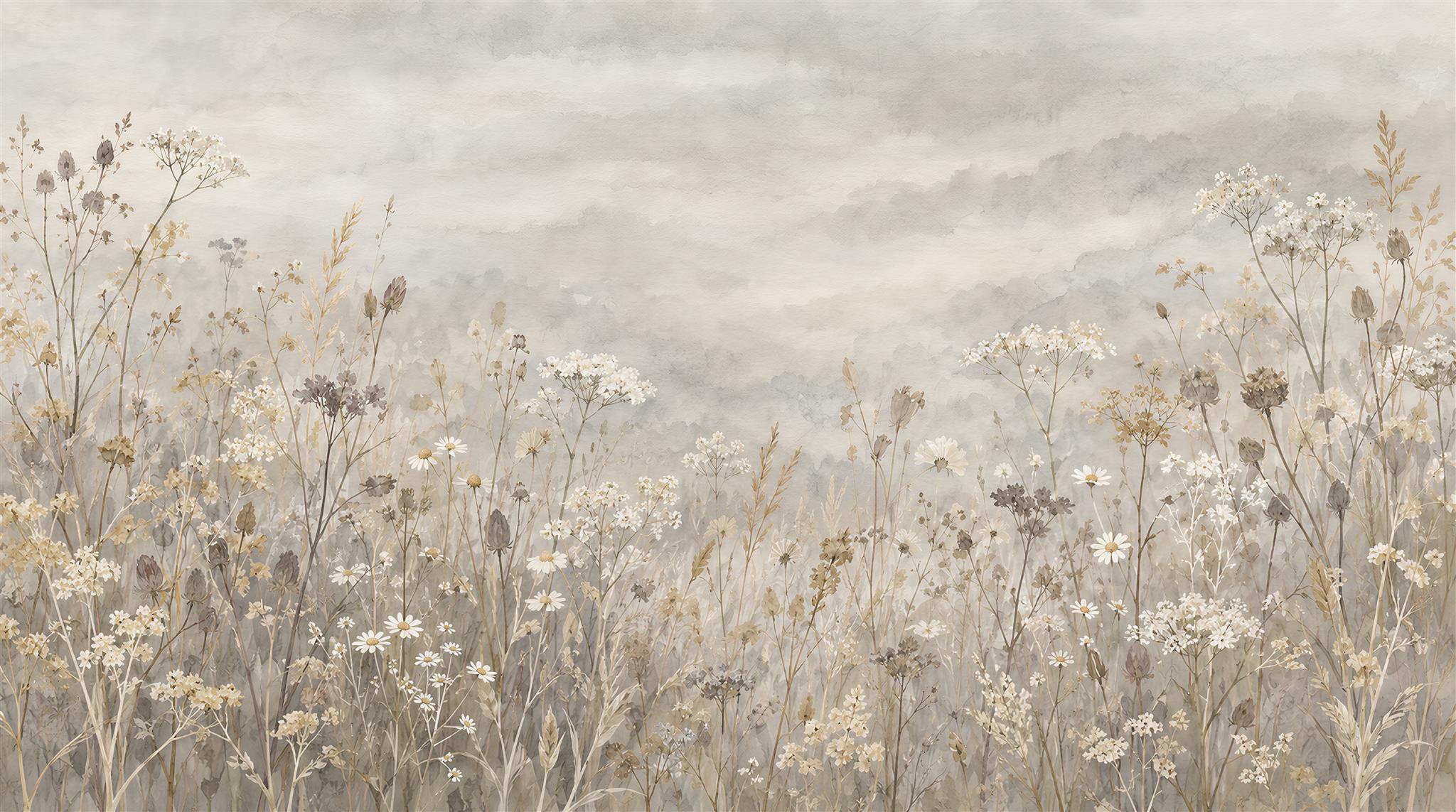 Neutral Wildflower Meadow Watercolour Wallpaper Mural — Wallpaper Mural Design, Peel-and-stick Finish