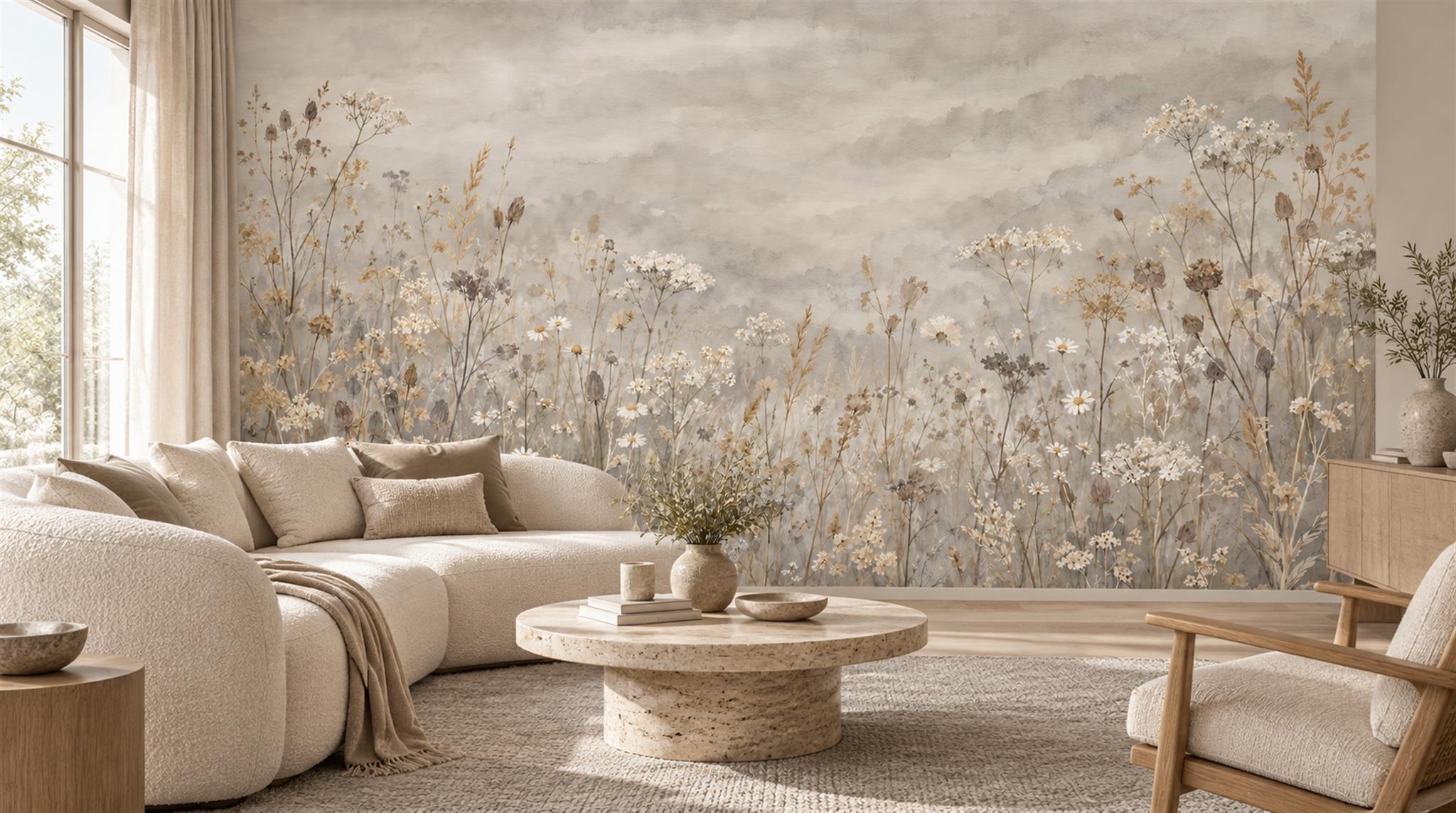 Ivory And Tan Abstract Forms Wallpaper Mural Living-room-wallpaper-murals, Peel-and-stick Finish