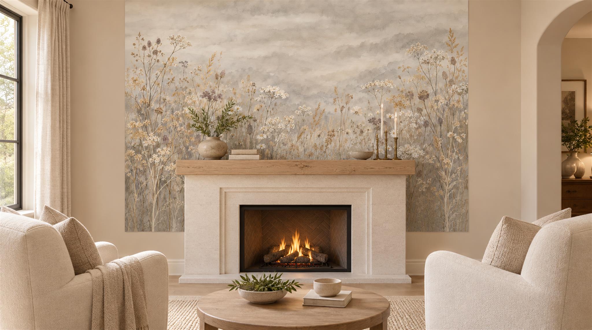 Ivory And Tan Abstract Forms Wallpaper Mural Accent-wall-wallpaper-murals, Peel-and-stick Finish