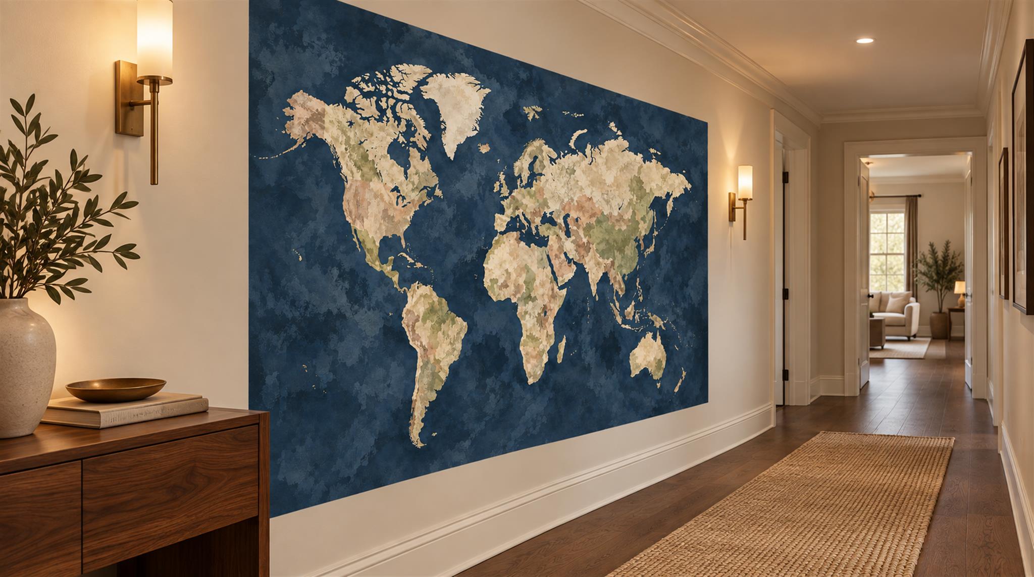 Navy And Neutral Abstract Forms Map Wallpaper Mural Accent-wall-wallpaper-murals, Peel-and-stick Finish