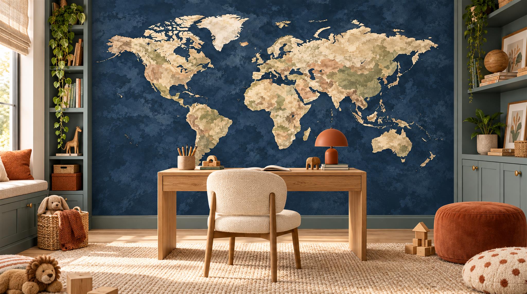 Navy And Neutral Abstract Forms Map Wallpaper Mural Kids-room-wallpaper-murals, Peel-and-stick Finish