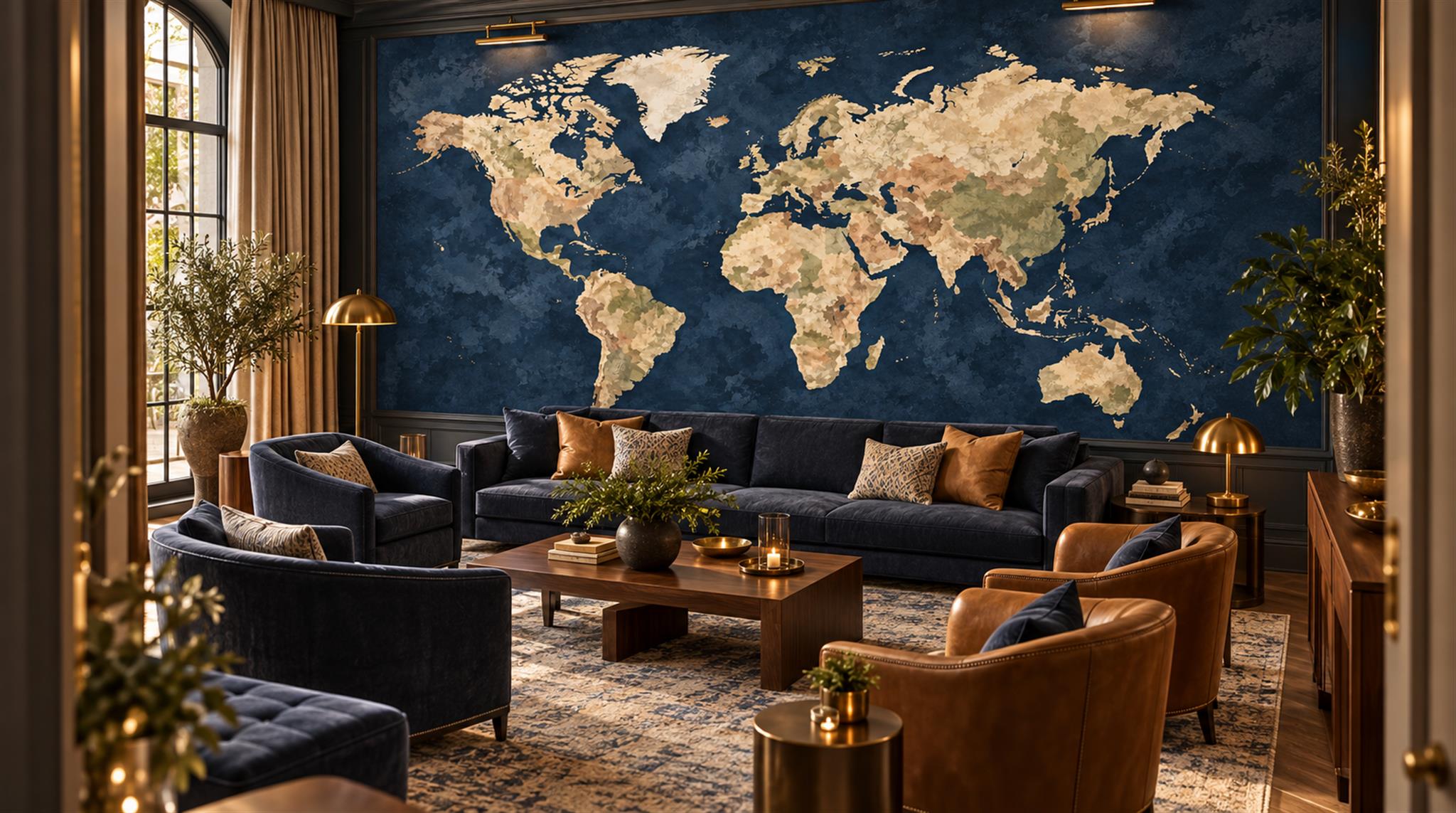 Navy And Neutral Abstract Forms Map Wallpaper Mural Accent-wall-wallpaper-murals, Peel-and-stick Finish