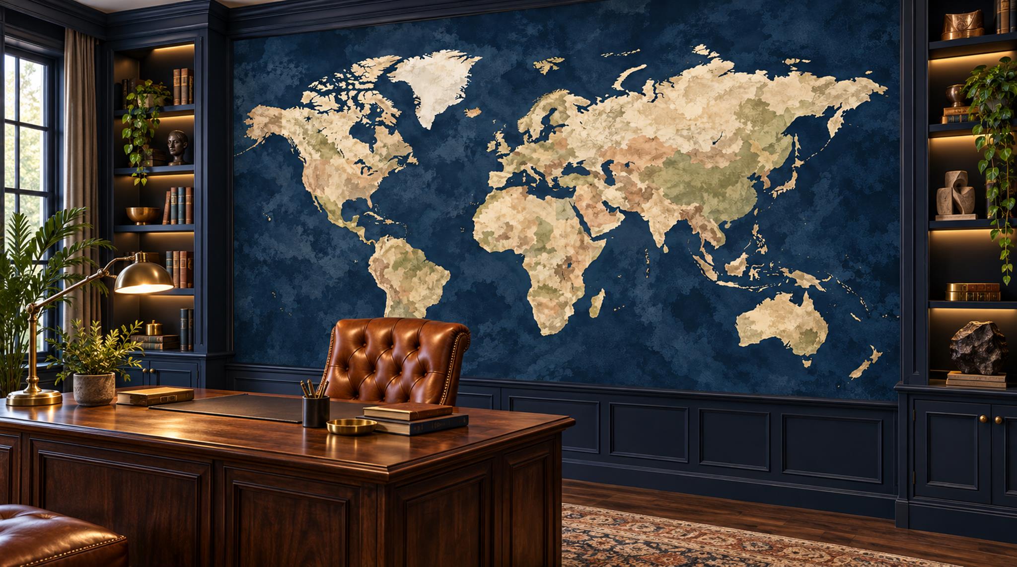 Navy And Neutral Abstract Forms Map Wallpaper Mural Library-wallpaper-murals, Peel-and-stick Finish