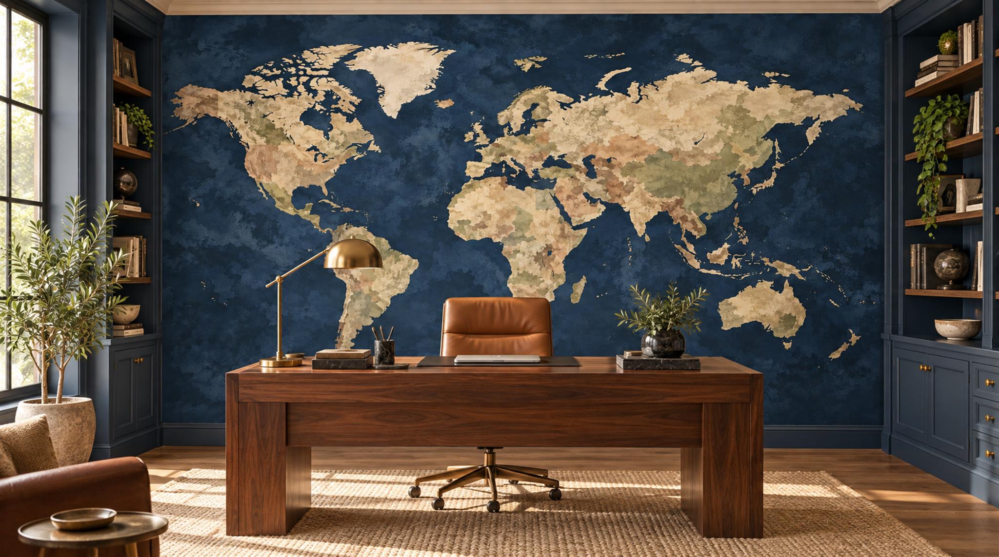 Navy And Neutral Abstract Forms Map Wallpaper Mural Office-wallpaper-murals, Shown In A Home Office, Peel-and-stick Finish