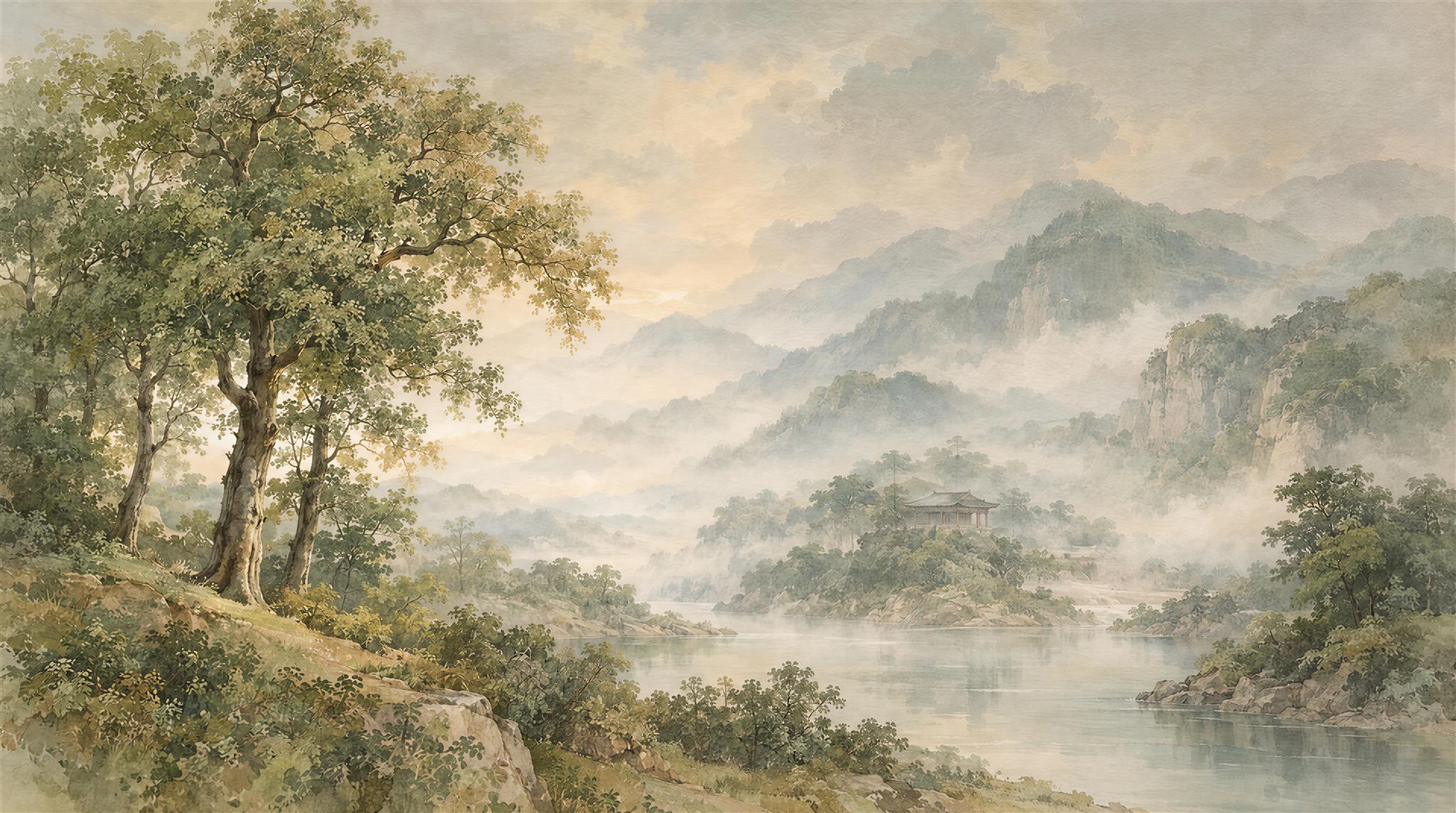 Ivory And Neutral A Painterly Scenic View Textured Wallpaper, Peel-and-stick Finish
