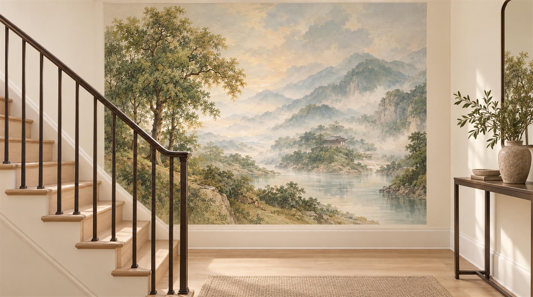 Ivory And Neutral A Painterly Scenic View Textured Wallpaper Accent-wall-wallpaper-murals, Peel-and-stick Finish