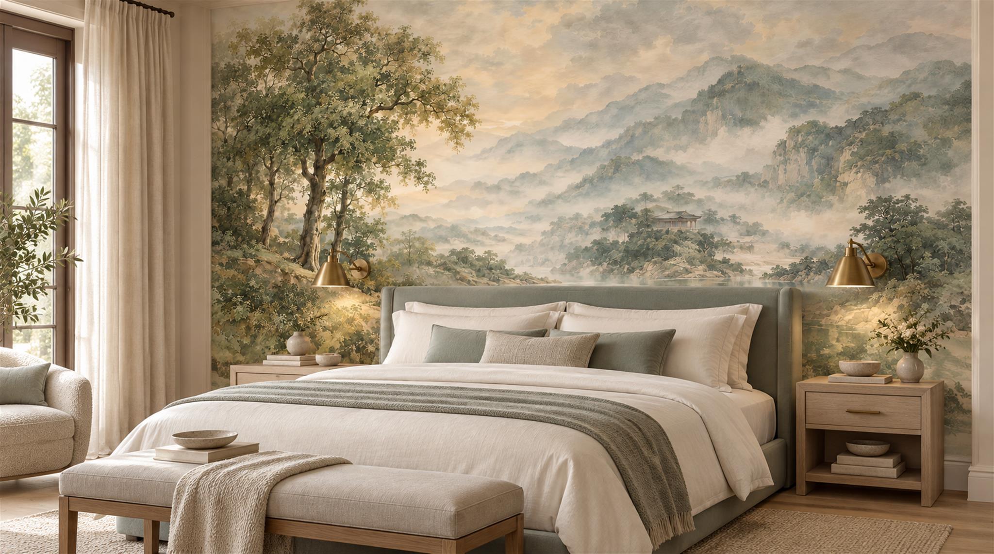 Ivory And Neutral A Painterly Scenic View Textured Wallpaper Accent-wall-wallpaper-murals, Peel-and-stick Finish