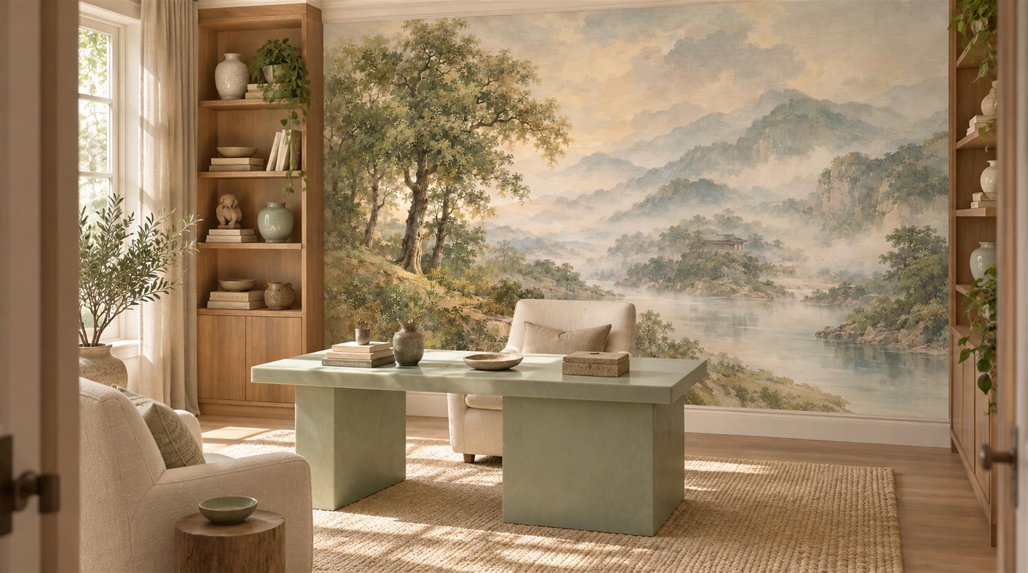 Ivory And Neutral A Painterly Scenic View Textured Wallpaper Library-wallpaper-murals, Peel-and-stick Finish