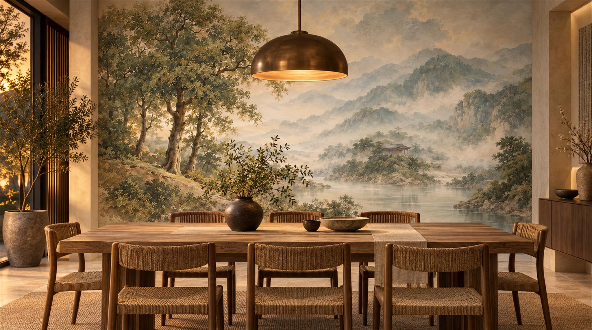 Landscape mural across a dining-room wall