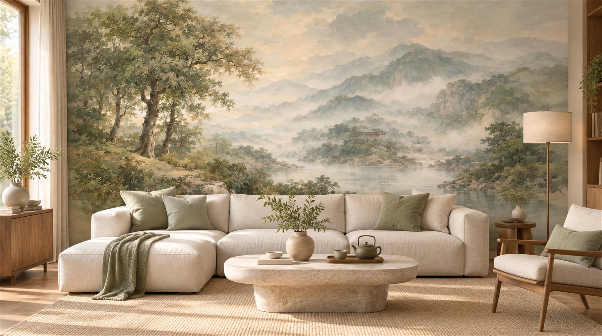 Ivory And Neutral A Painterly Scenic View Textured Wallpaper Dining-room-wallpaper-murals, Peel-and-stick Finish