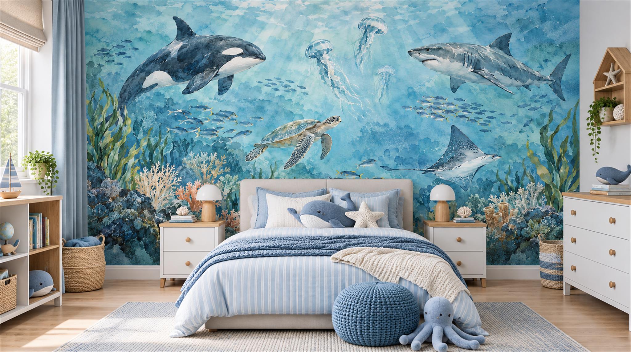 Aqua And Neutral An Open Ocean View Wallpaper Mural Kids-room-wallpaper-murals, Peel-and-stick Finish