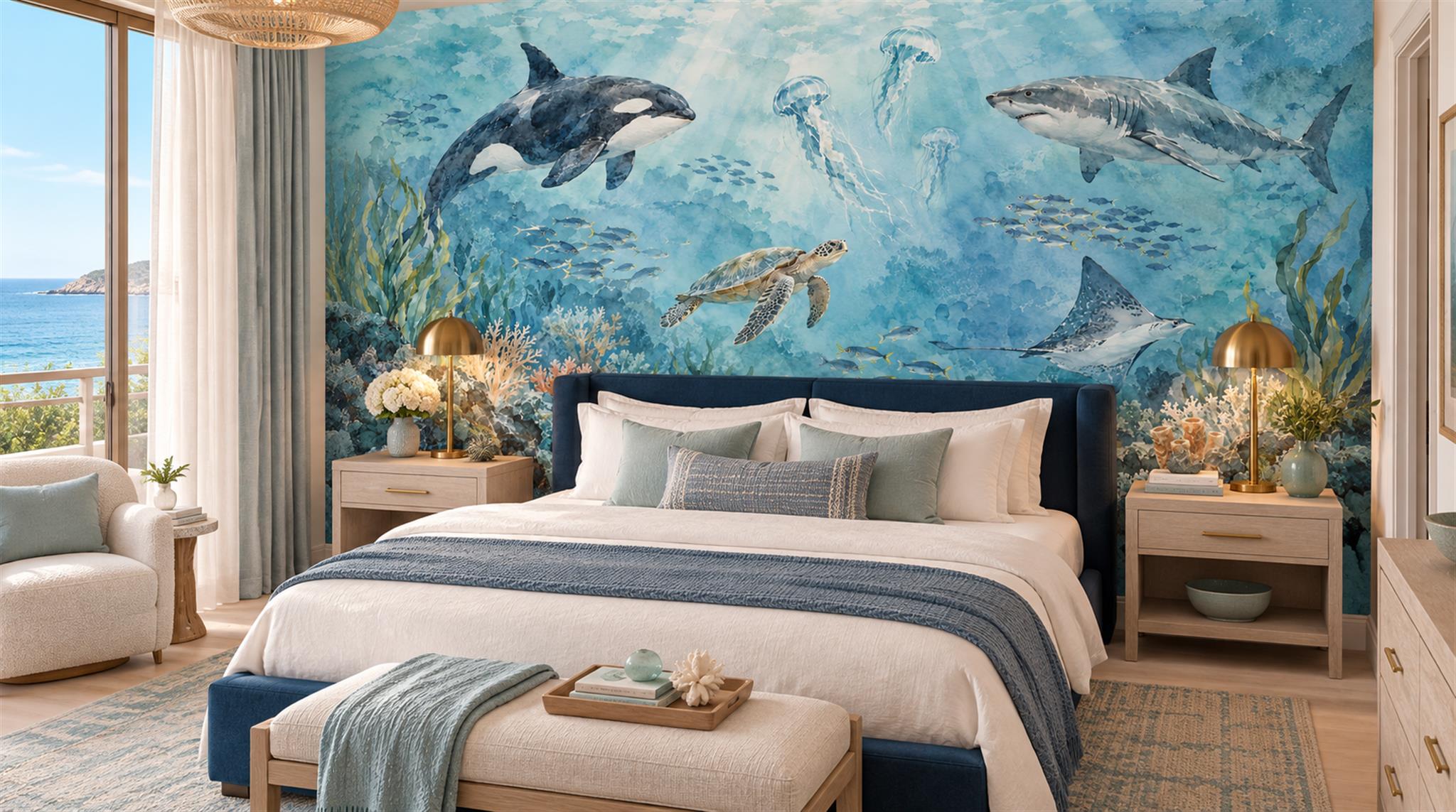Aqua And Neutral An Open Ocean View Wallpaper Mural Accent-wall-wallpaper-murals, Peel-and-stick Finish