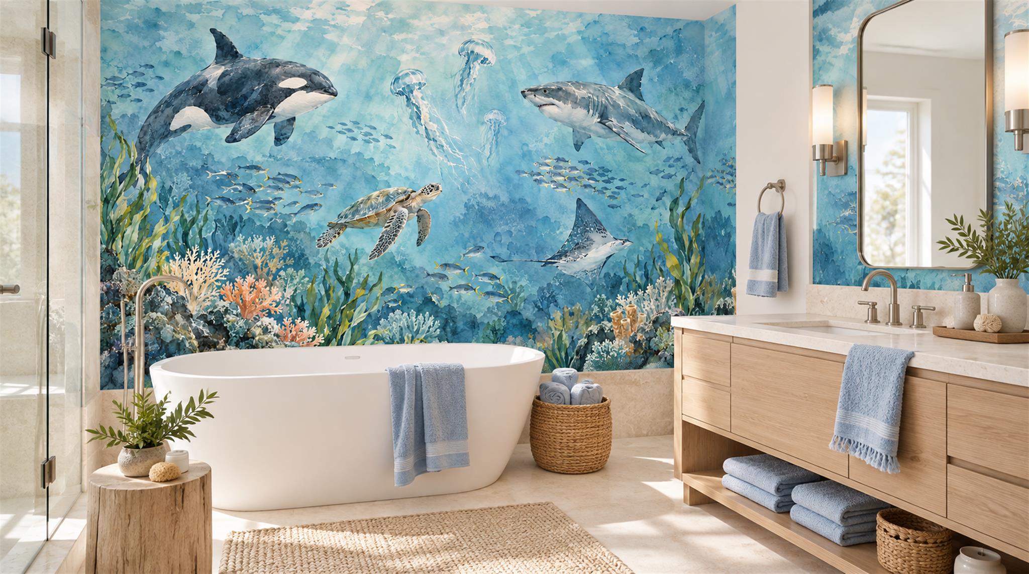 Aqua And Neutral An Open Ocean View Wallpaper Mural Bathroom-wallpaper-murals, Peel-and-stick Finish