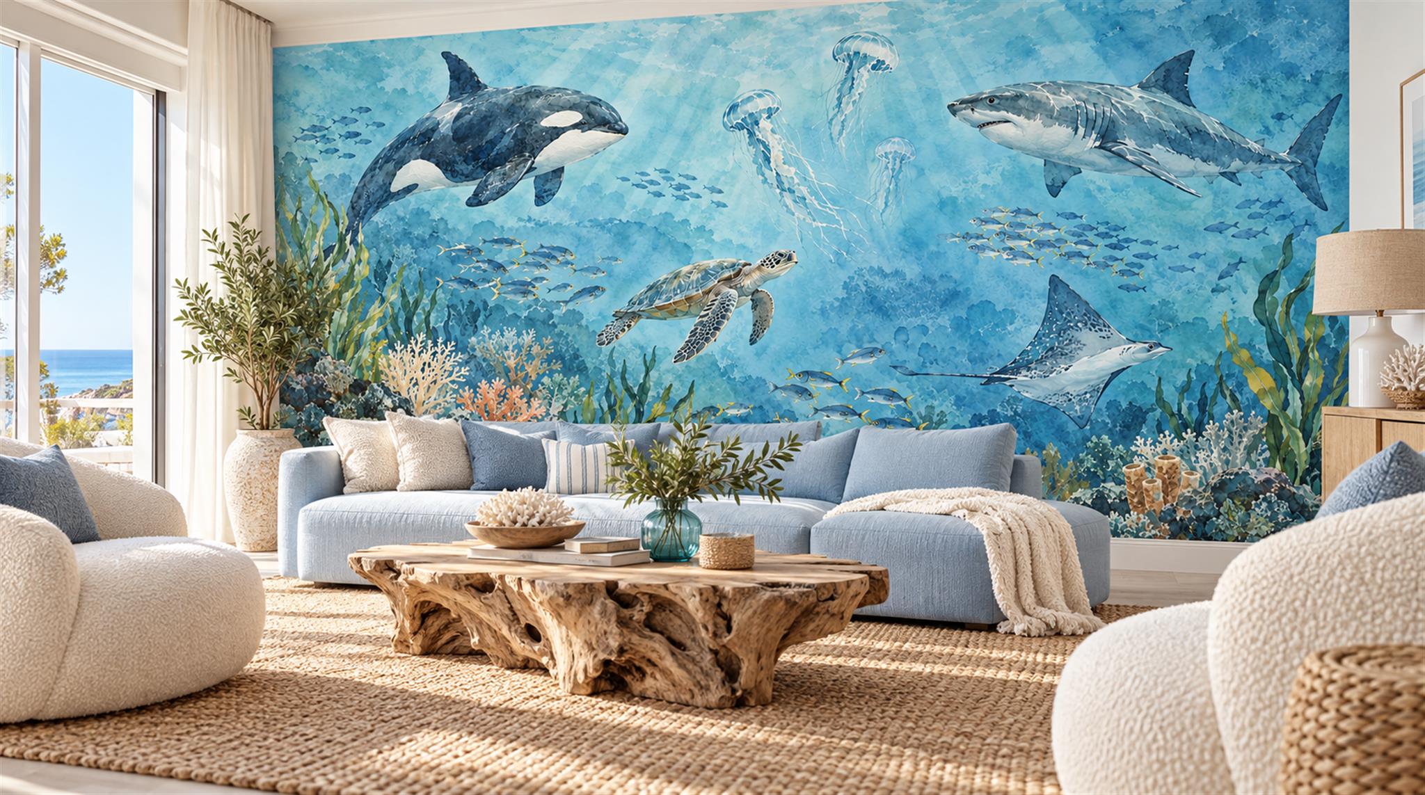 Aqua And Neutral An Open Ocean View Wallpaper Mural Accent-wall-wallpaper-murals, Peel-and-stick Finish