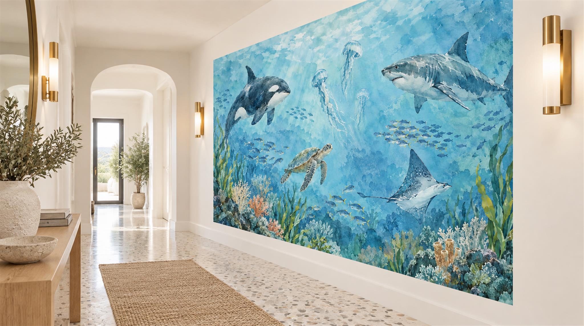 Aqua And Neutral An Open Ocean View Wallpaper Mural Accent-wall-wallpaper-murals, Peel-and-stick Finish