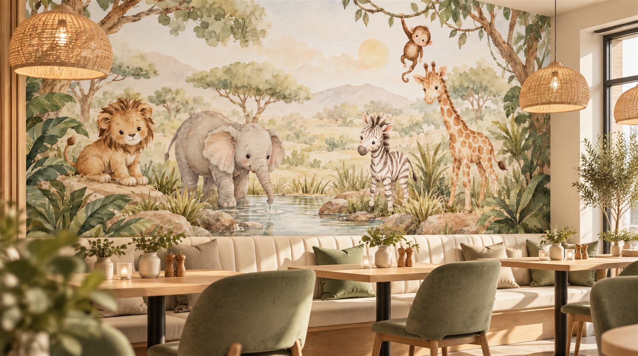 Cream And Neutral Abstract Forms Safari Wallpaper Mural Cafe-wallpaper-murals, Peel-and-stick Finish