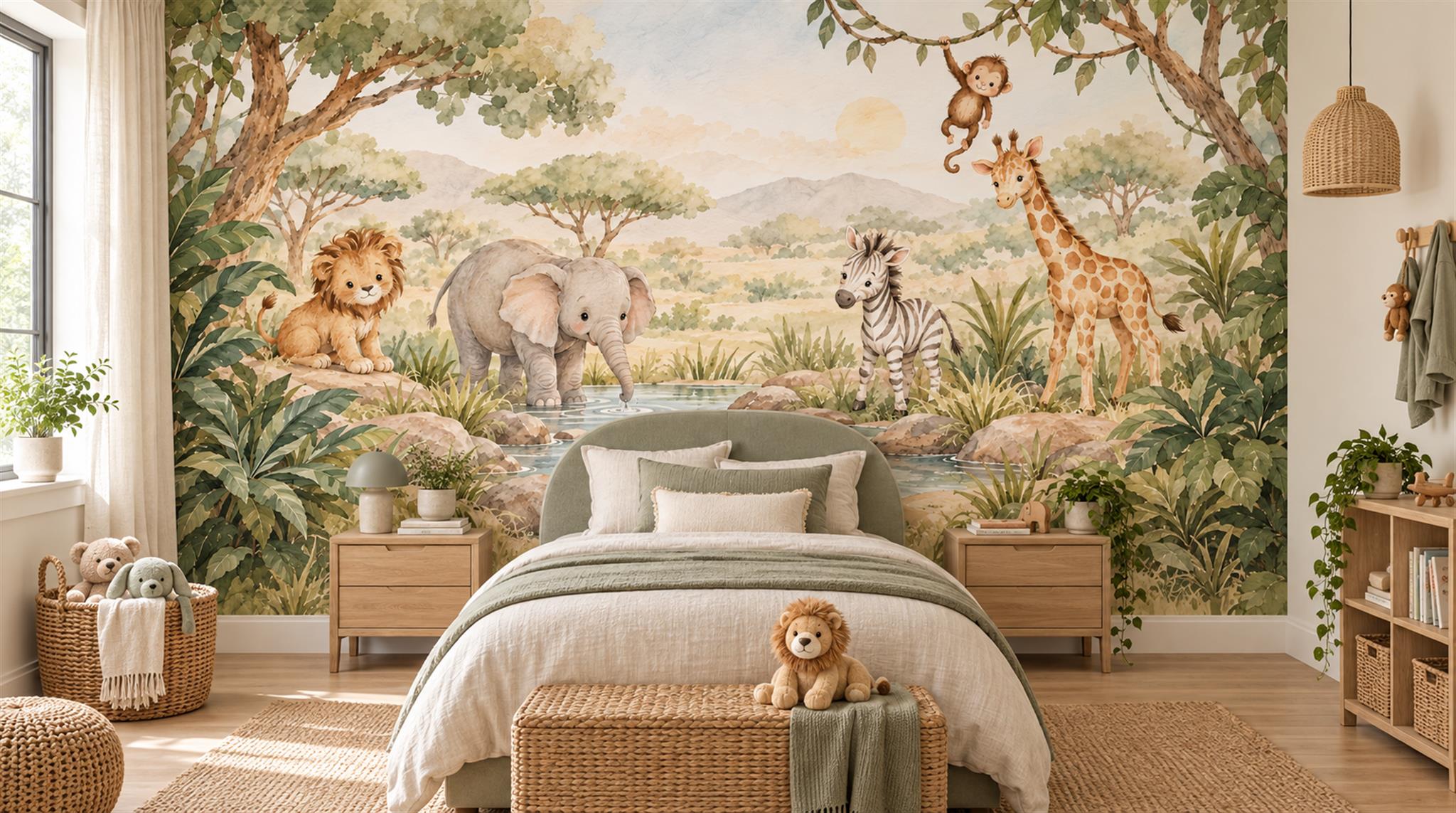 Safari Baby Animals By A Watering Hole Wallpaper Mural — Installed Wallpaper Mural In A Nursery, Peel-and-stick Finish