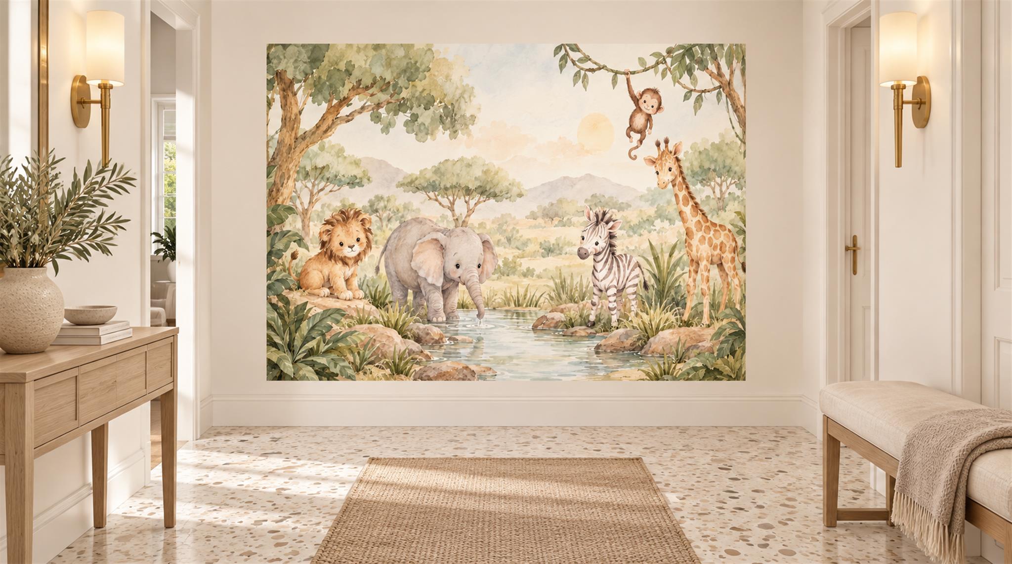 Cream And Neutral Abstract Forms Safari Wallpaper Mural Accent-wall-wallpaper-murals, Peel-and-stick Finish