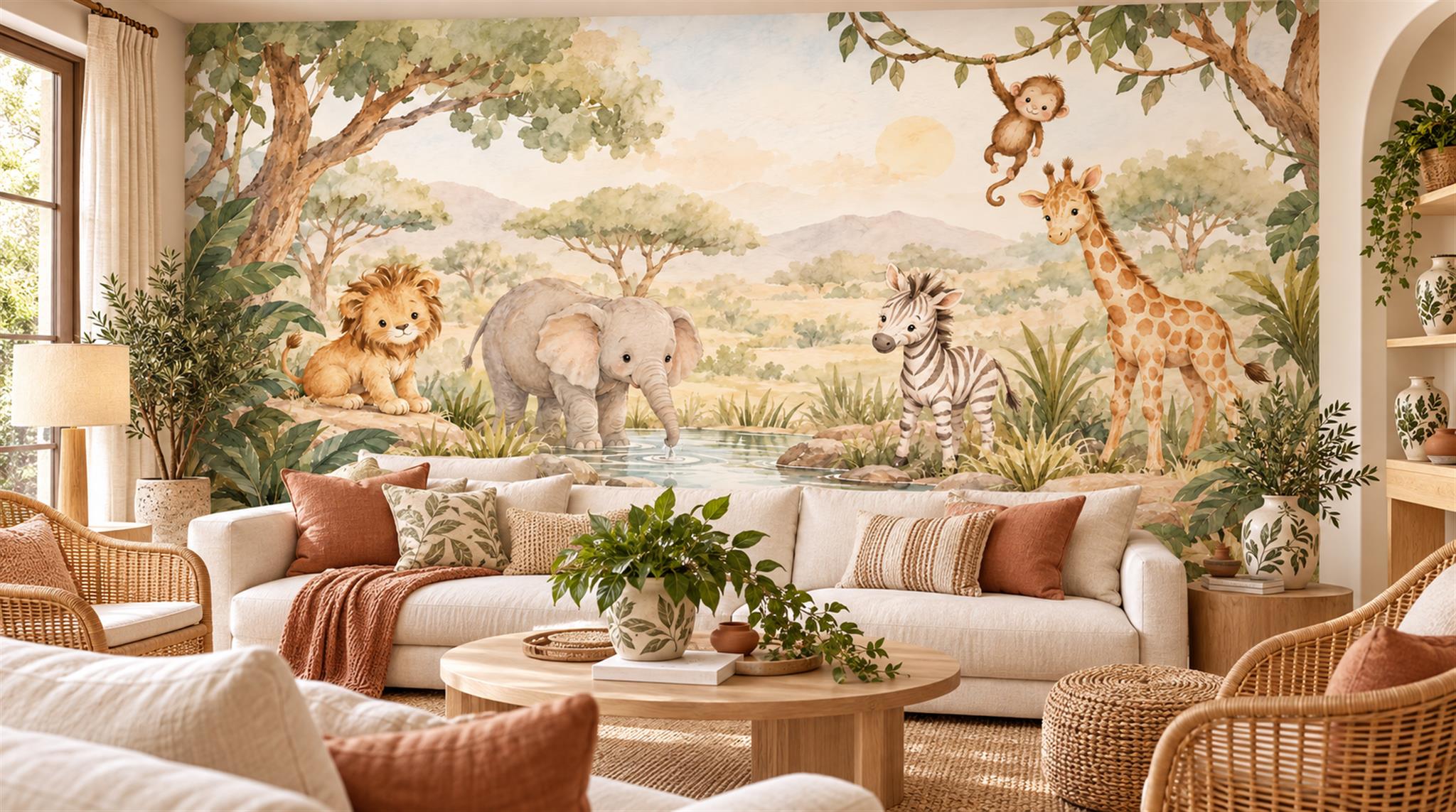 Cream And Neutral Abstract Forms Safari Wallpaper Mural Accent-wall-wallpaper-murals, Peel-and-stick Finish