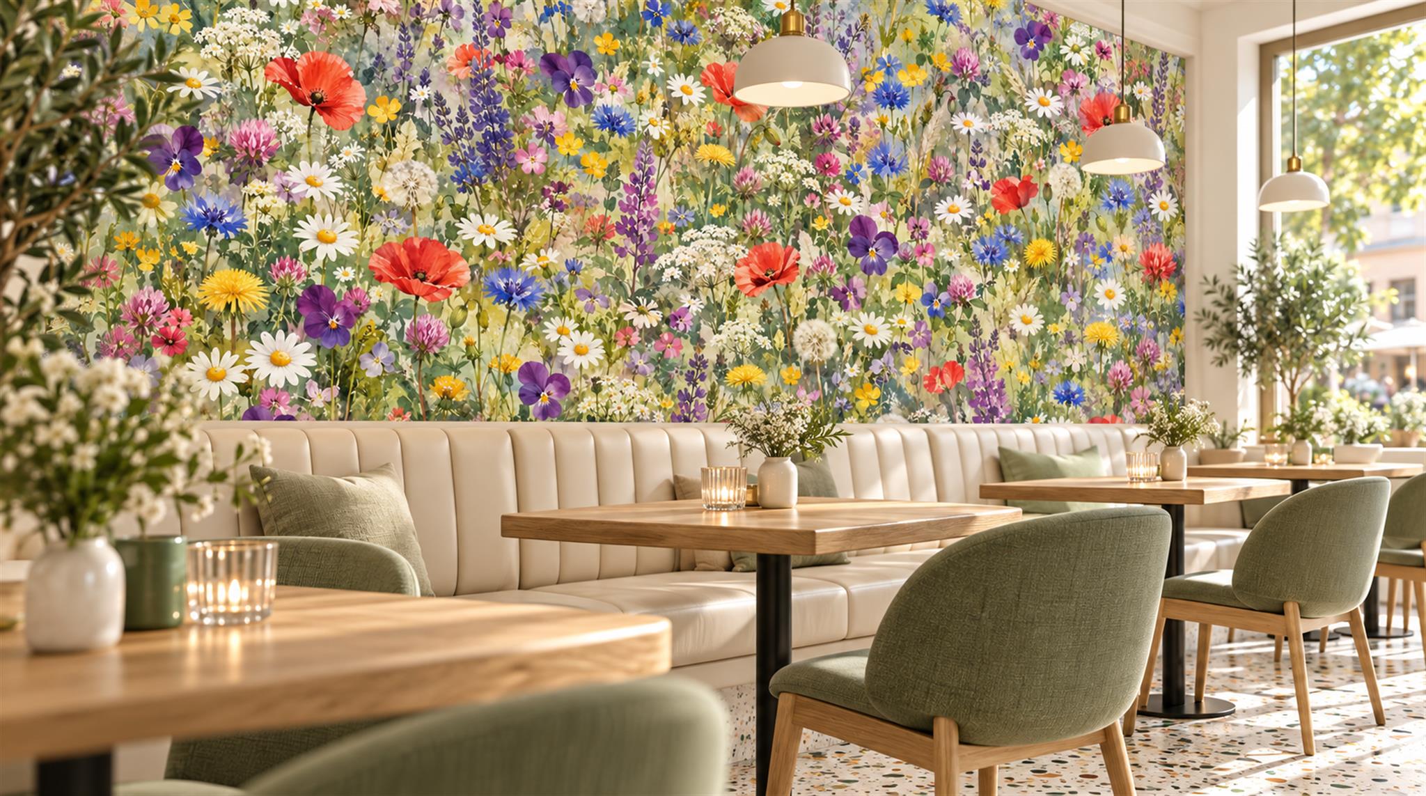 Red And Neutral Floral Forms Decorative Wallpaper Mural Cafe-wallpaper-murals, Peel-and-stick Finish
