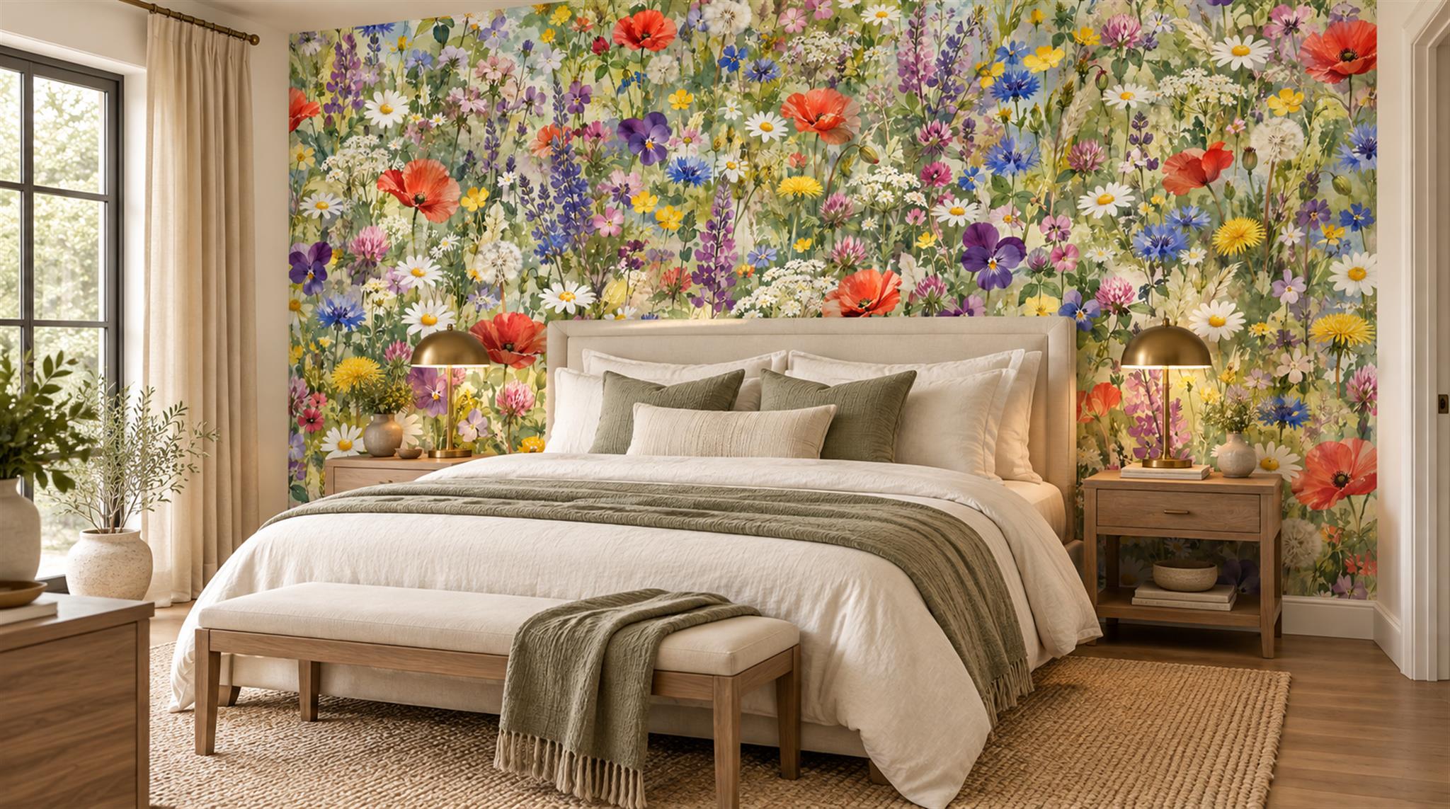 Red And Neutral Floral Forms Decorative Wallpaper Mural Bedroom-wallpaper-murals, Peel-and-stick Finish