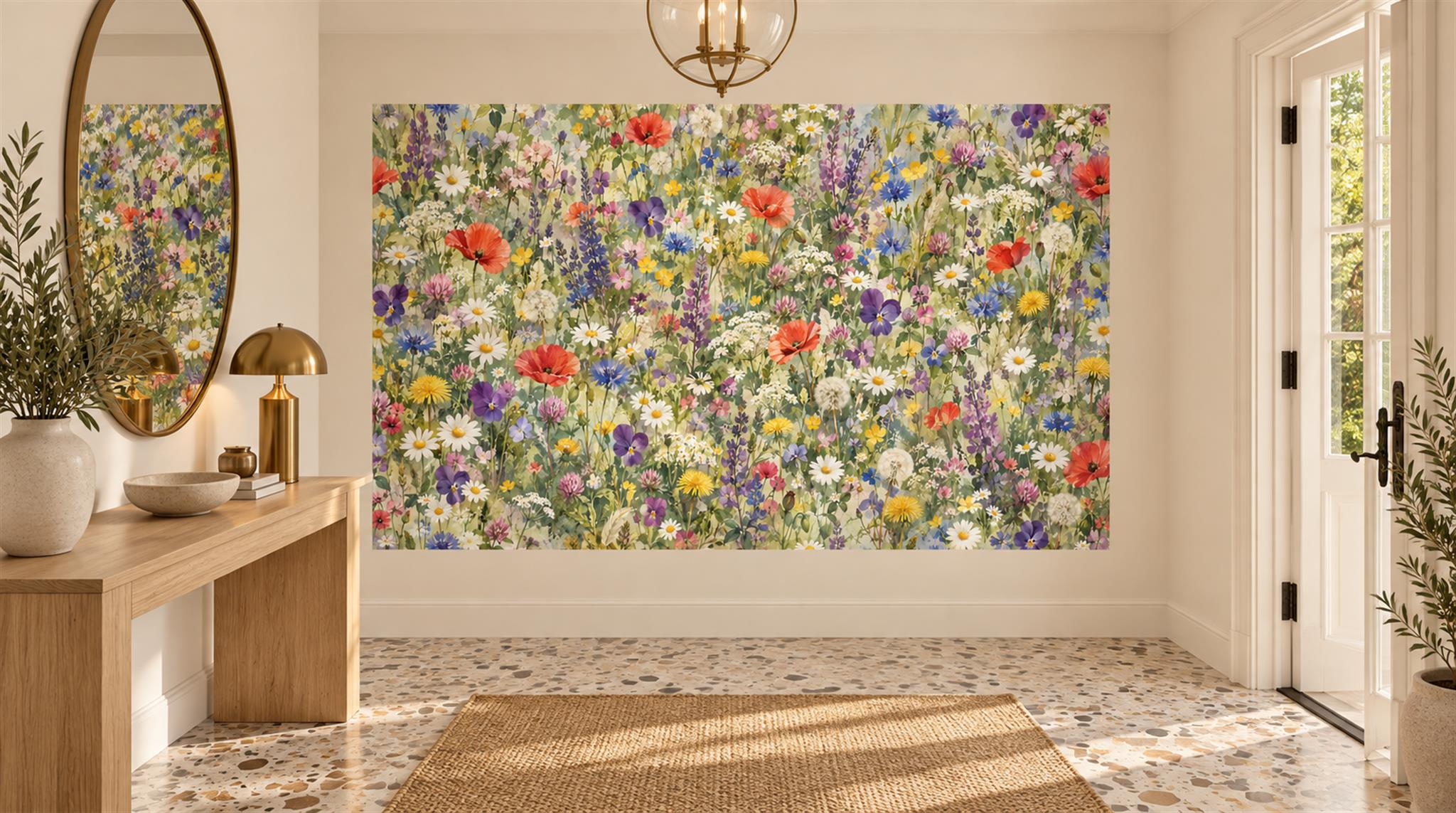 Red And Neutral Floral Forms Decorative Wallpaper Mural Entryway-wallpaper-murals, Peel-and-stick Finish