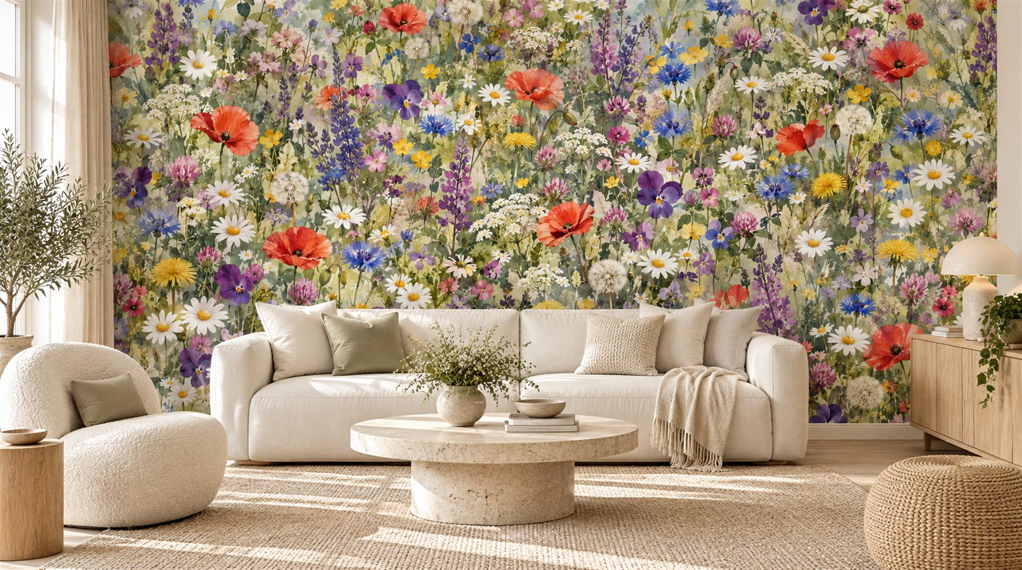 Colourful Wildflower Meadow Wallpaper Mural — Wallpaper Mural Design, Peel-and-stick Finish