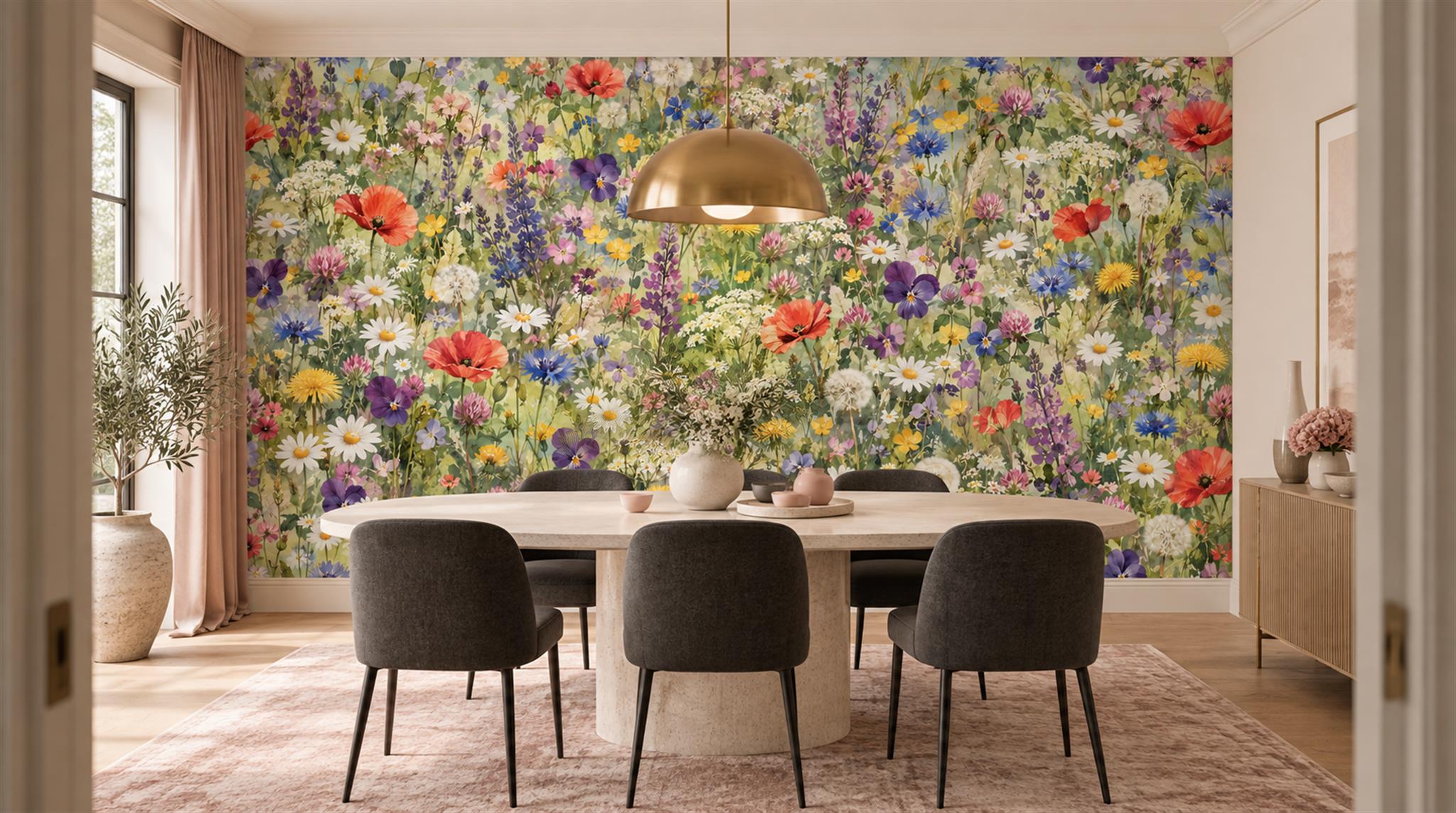 Red And Neutral Floral Forms Decorative Wallpaper Mural Cafe-wallpaper-murals, Peel-and-stick Finish