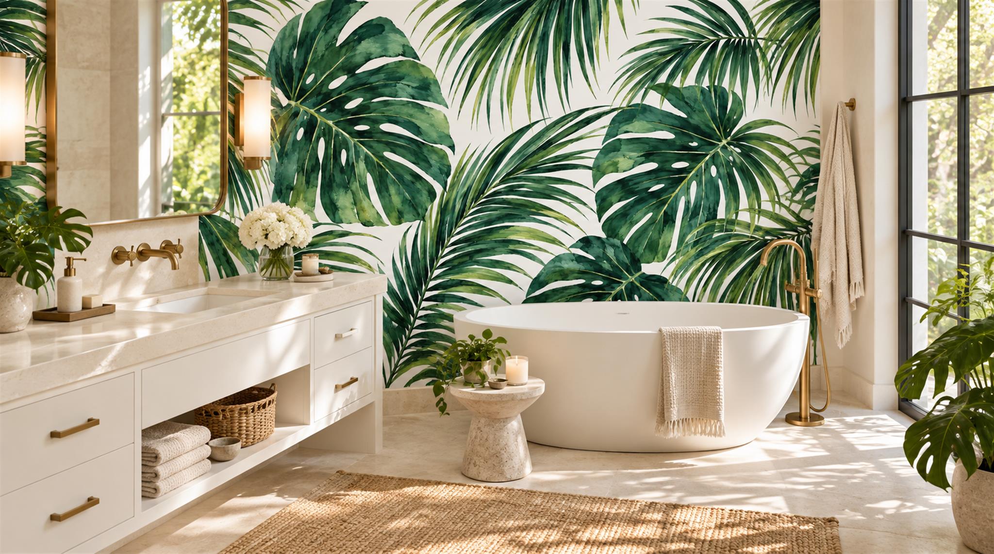 Red And Green Palm Leaves Layered Wallpaper Mural Accent-wall-wallpaper-murals, Peel-and-stick Finish