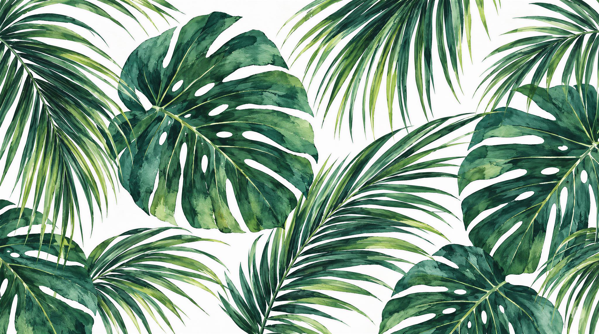 Red And Green Palm Leaves Layered Wallpaper Mural Accent-wall-wallpaper-murals, Peel-and-stick Finish