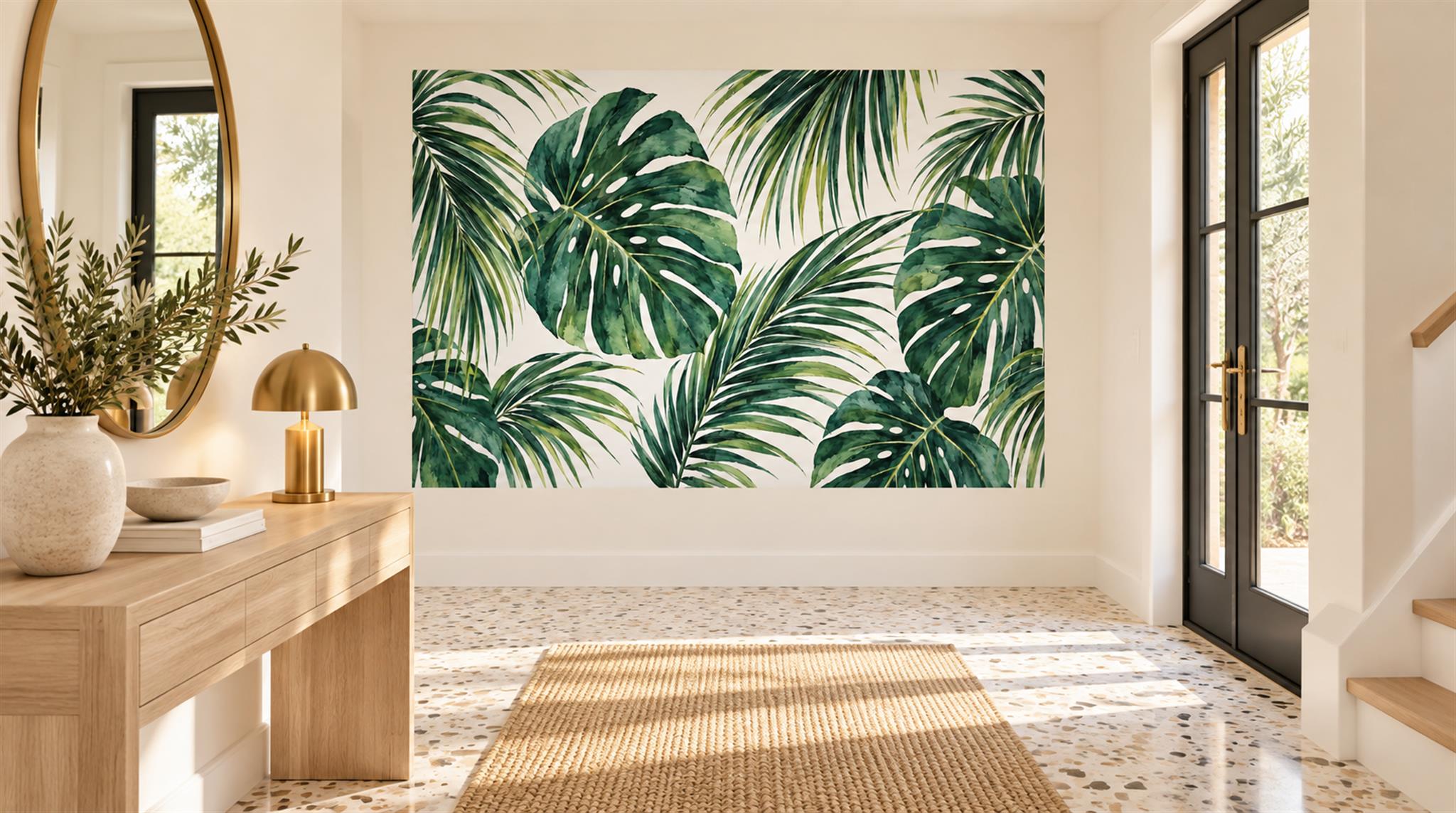 Red And Green Palm Leaves Layered Wallpaper Mural Entryway-wallpaper-murals, Peel-and-stick Finish