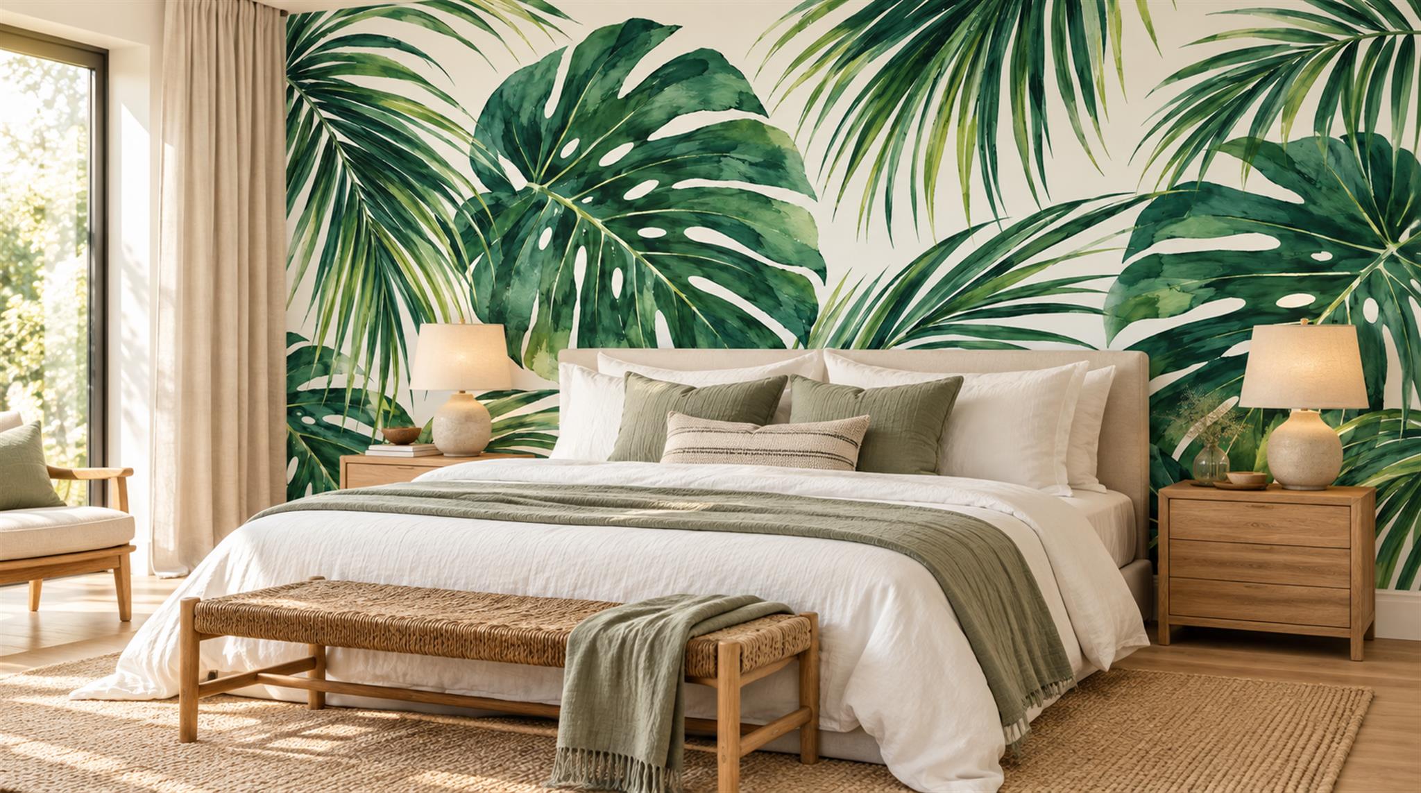Red And Green Palm Leaves Layered Wallpaper Mural Bedroom-wallpaper-murals, Peel-and-stick Finish