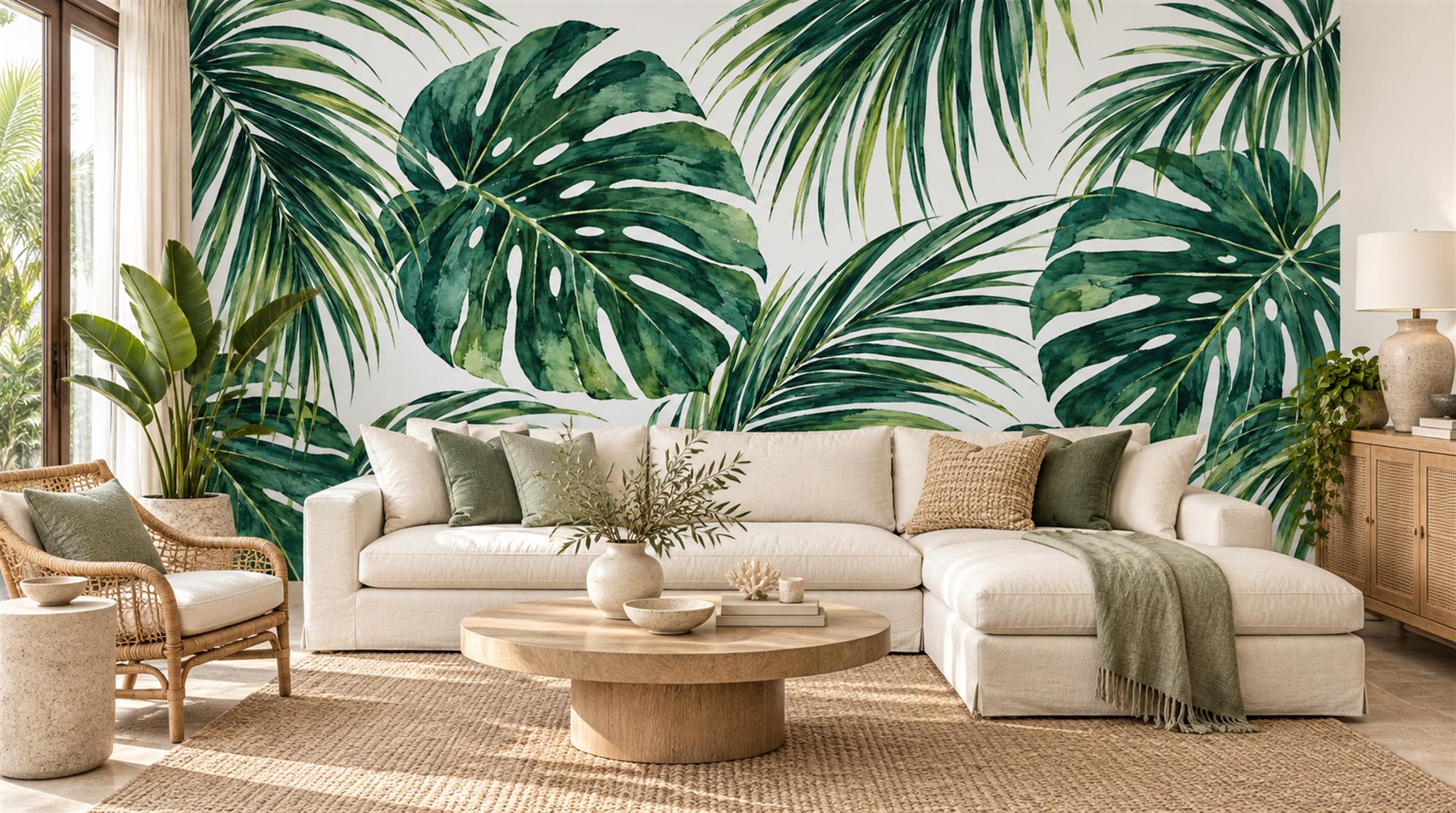 Red And Green Palm Leaves Layered Wallpaper Mural Living-room-wallpaper-murals, Shown In A Living Room, Peel-and-stick Finish