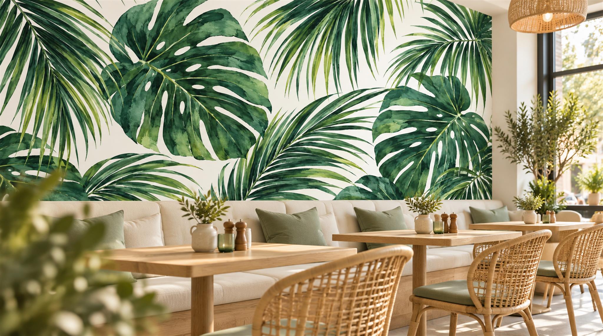 Red And Green Palm Leaves Layered Wallpaper Mural Cafe-wallpaper-murals, Peel-and-stick Finish