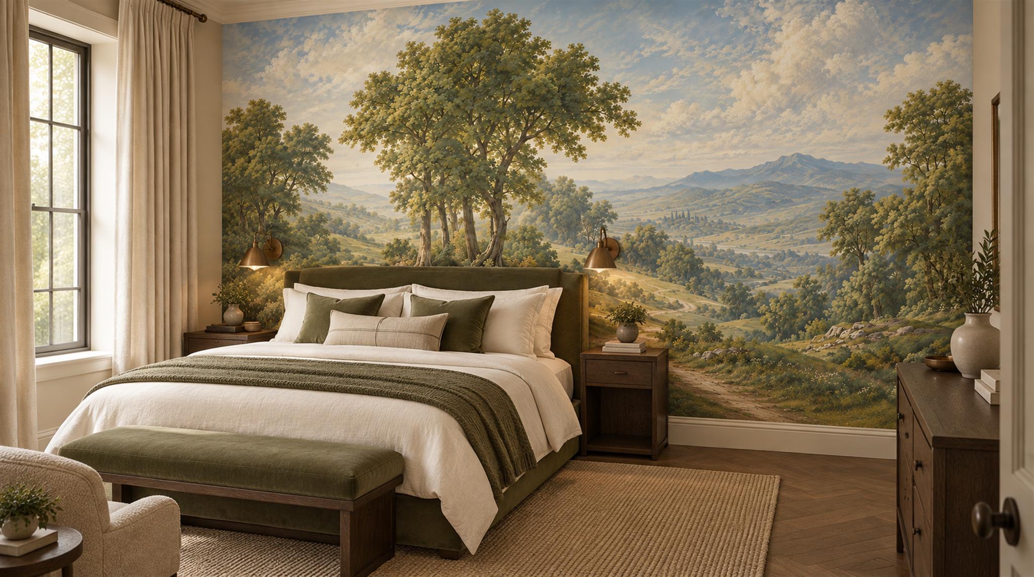 Green And Neutral A Painterly Scenic View Feature-wall-wallpaper-murals, Peel-and-stick Finish
