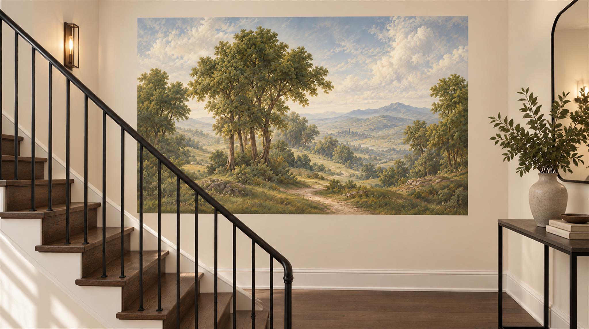 Green And Neutral A Painterly Scenic View Accent-wall-wallpaper-murals, Peel-and-stick Finish