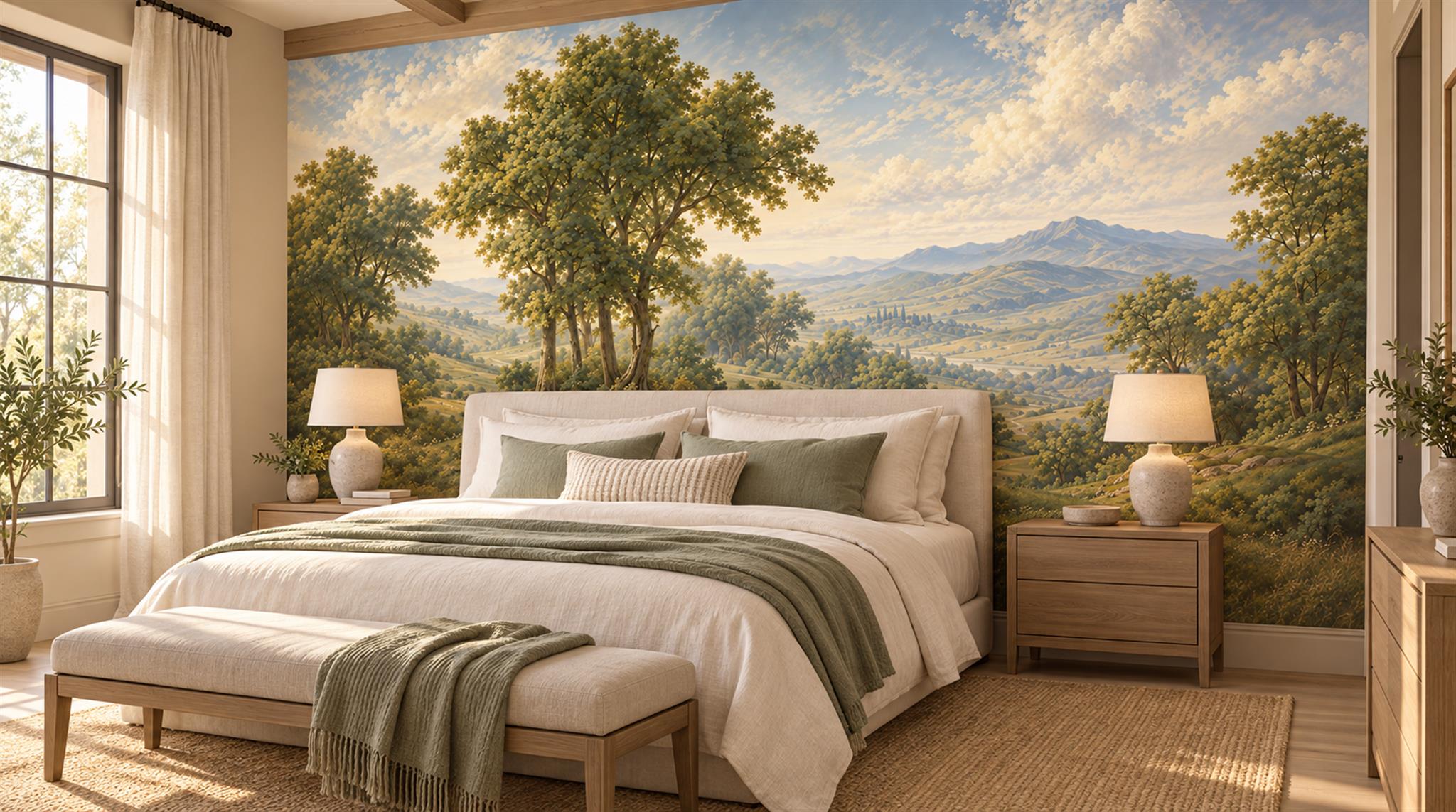 Green And Neutral A Painterly Scenic View Bedroom-wallpaper-murals, Peel-and-stick Finish