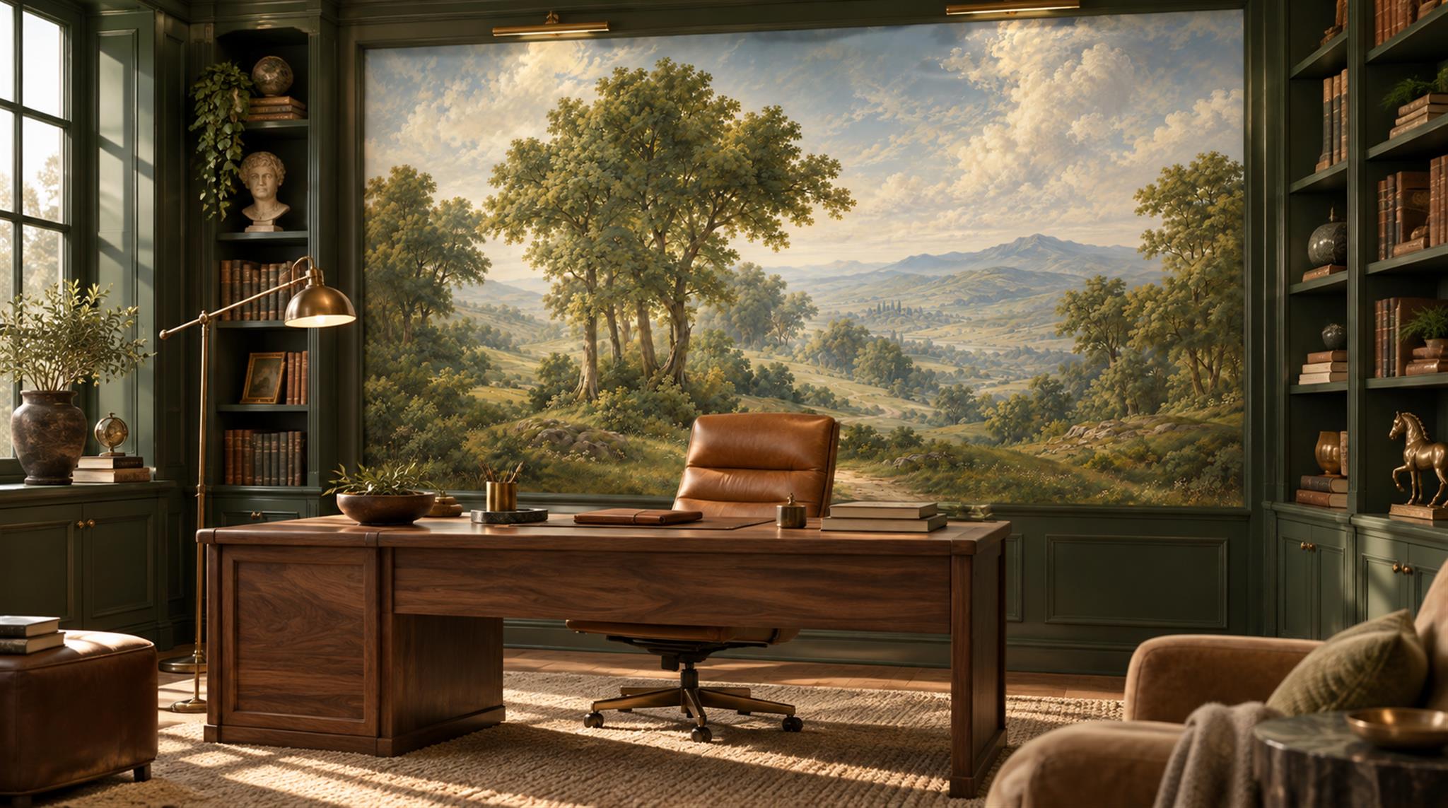Green And Neutral A Painterly Scenic View Library-wallpaper-murals, Peel-and-stick Finish