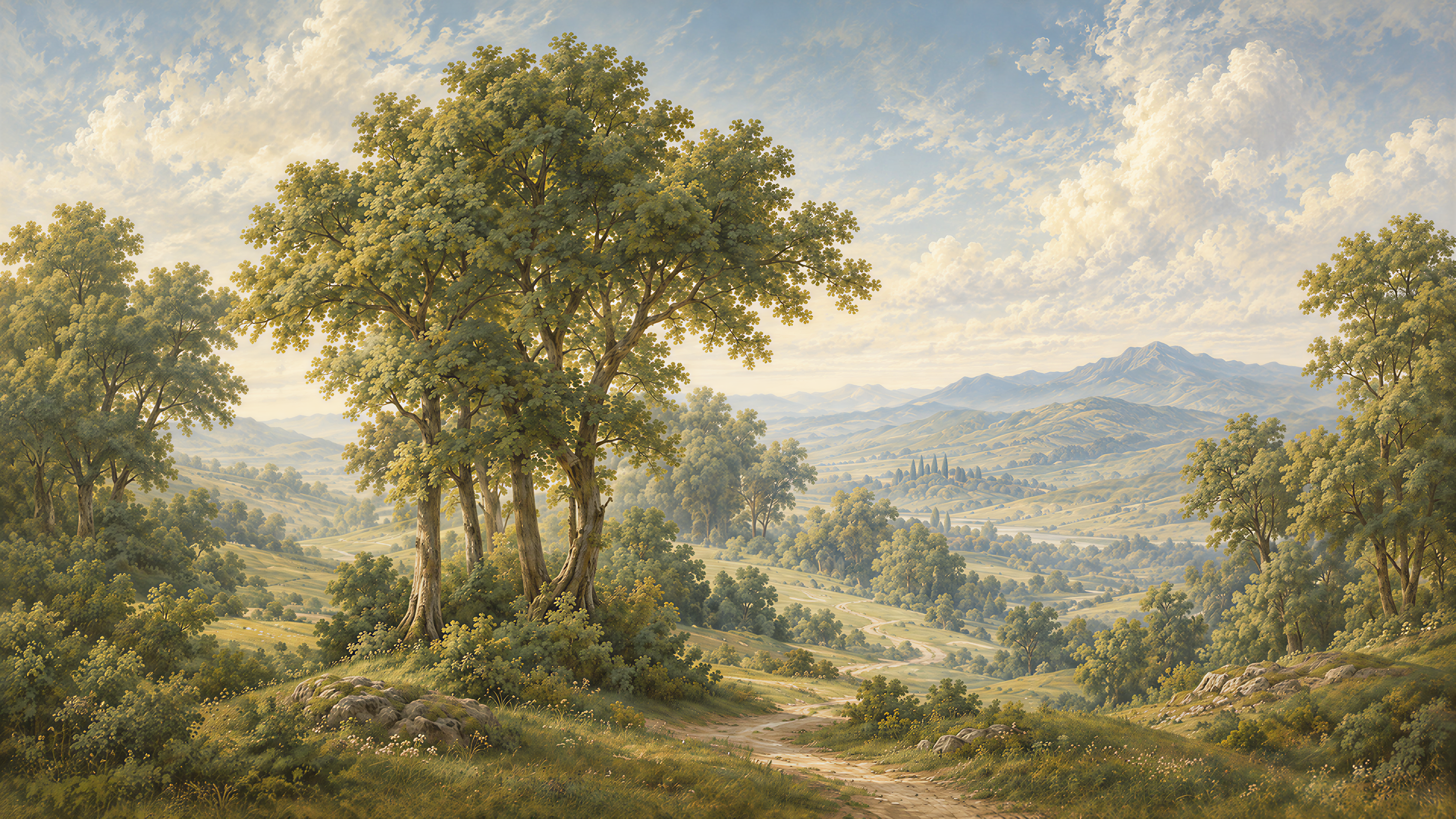 Green And Neutral A Painterly Scenic View, Peel-and-stick Finish