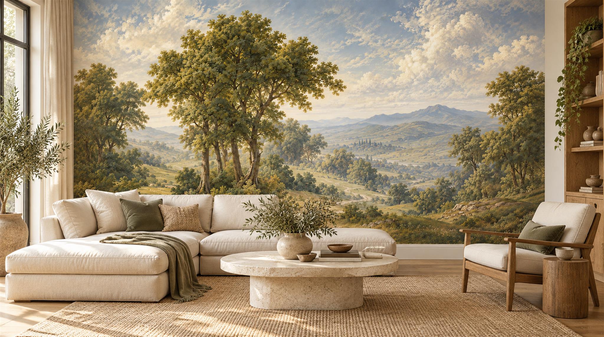 Green And Neutral A Painterly Scenic View Accent-wall-wallpaper-murals, Peel-and-stick Finish